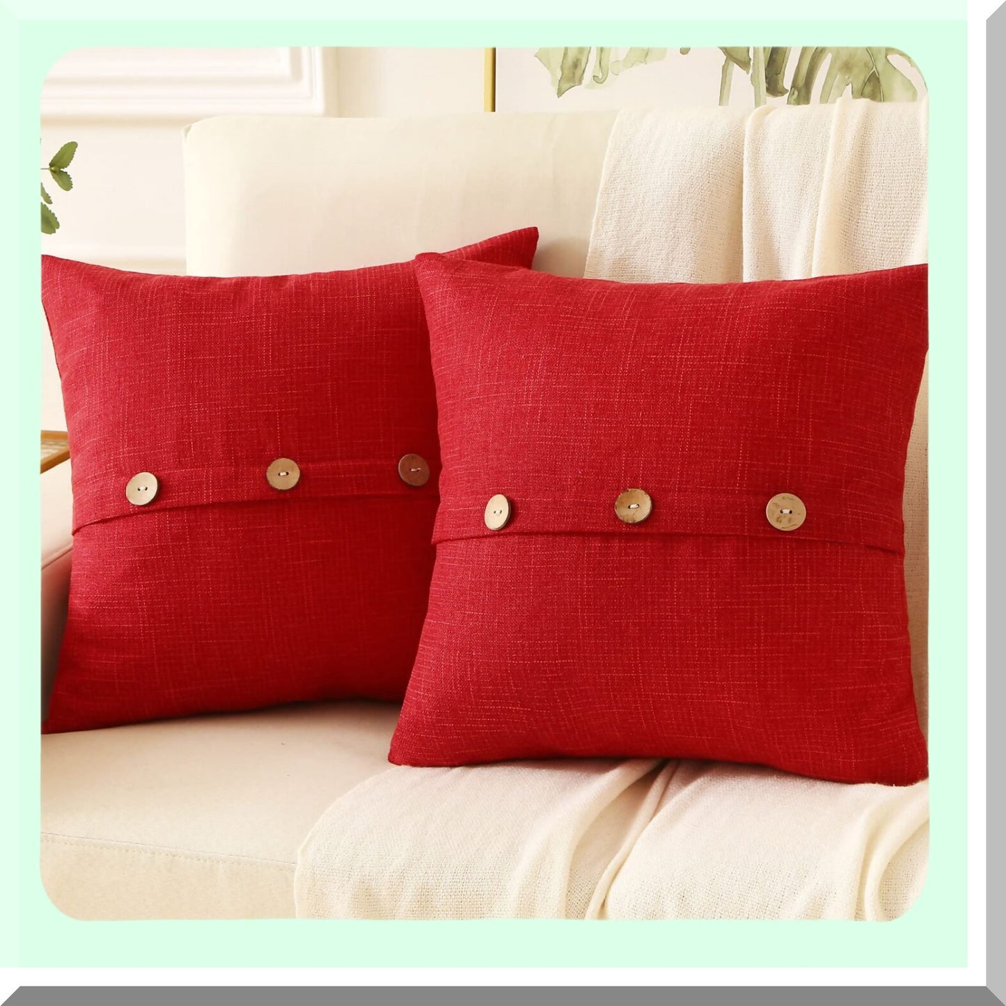 Vintage Buttoned Linen Throw Pillow Covers - Set of 2, 20x20 Inch Square Cushion Cases for Modern Farmhouse Home Decor on Couch or Bed