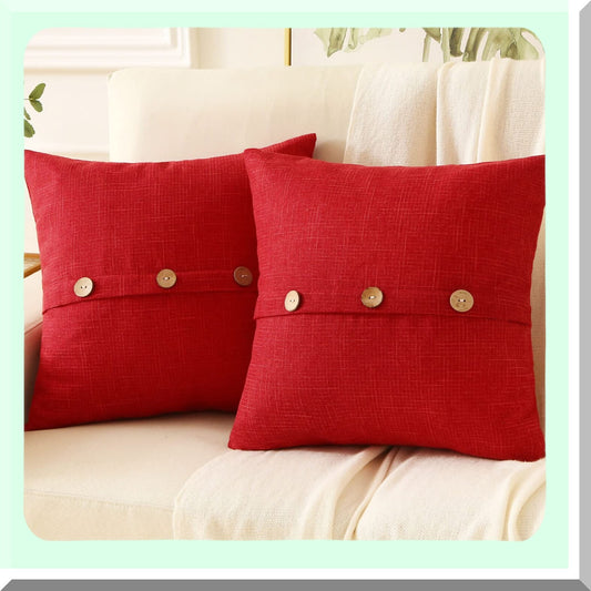 Vintage Buttoned Linen Throw Pillow Covers - Set of 2, 20x20 Inch Square Cushion Cases for Modern Farmhouse Home Decor on Couch or Bed