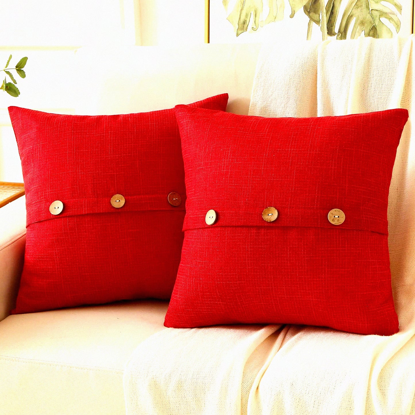 Vintage Buttoned Linen Throw Pillow Covers - Set of 2, 20x20 Inch Square Cushion Cases for Modern Farmhouse Home Decor on Couch or Bed