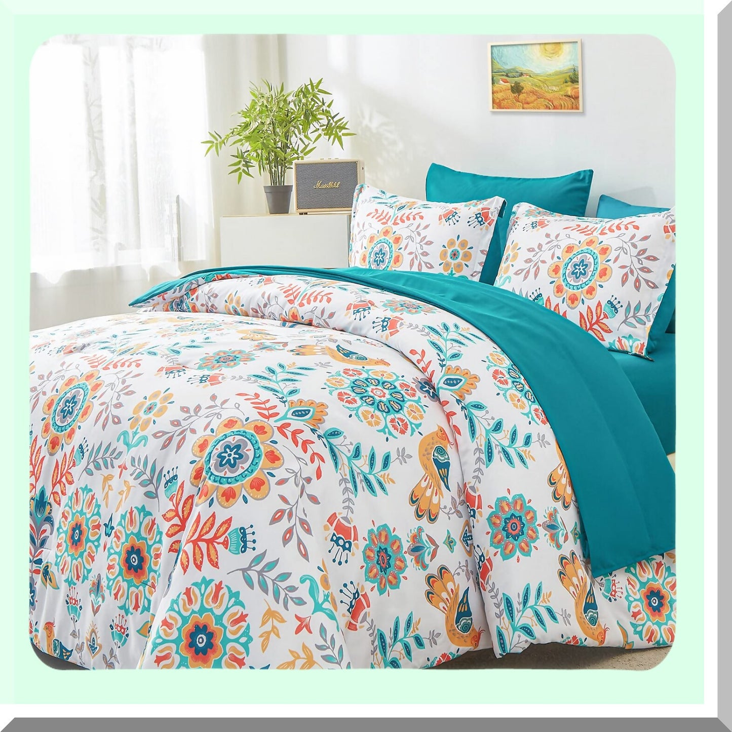 Boho Medallion Dream 7-Piece Bedding Set - Bohemian Floral Comforter with Sheets, Soft Microfiber All Season Bed in a Bag, Teal Blue Theme