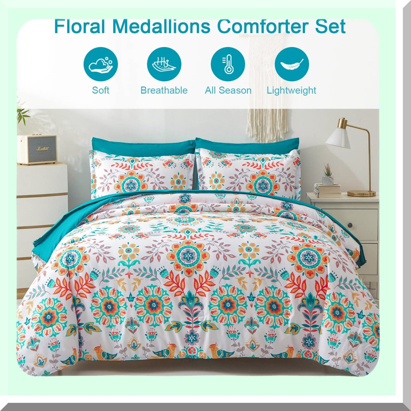 Boho Medallion Dream 7-Piece Bedding Set - Bohemian Floral Comforter with Sheets, Soft Microfiber All Season Bed in a Bag, Teal Blue Theme