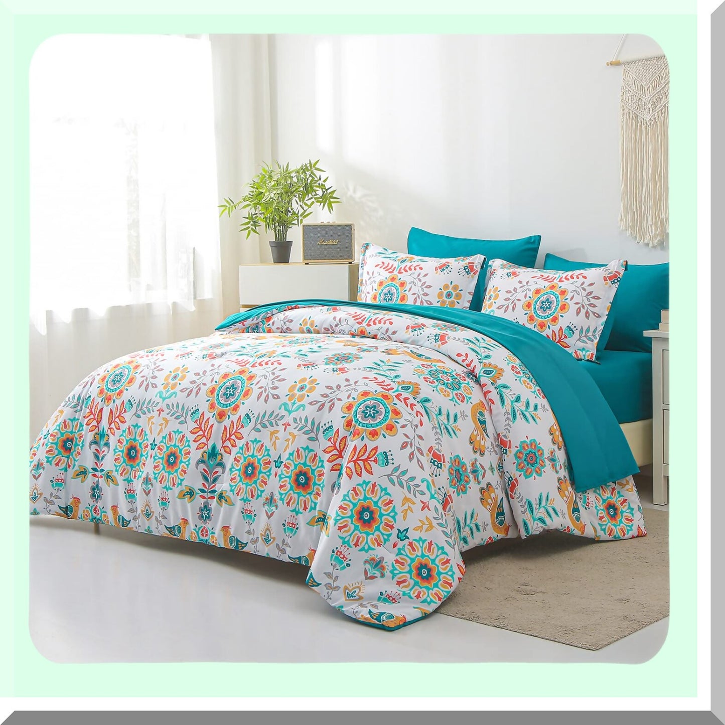 Boho Medallion Dream 7-Piece Bedding Set - Bohemian Floral Comforter with Sheets, Soft Microfiber All Season Bed in a Bag, Teal Blue Theme