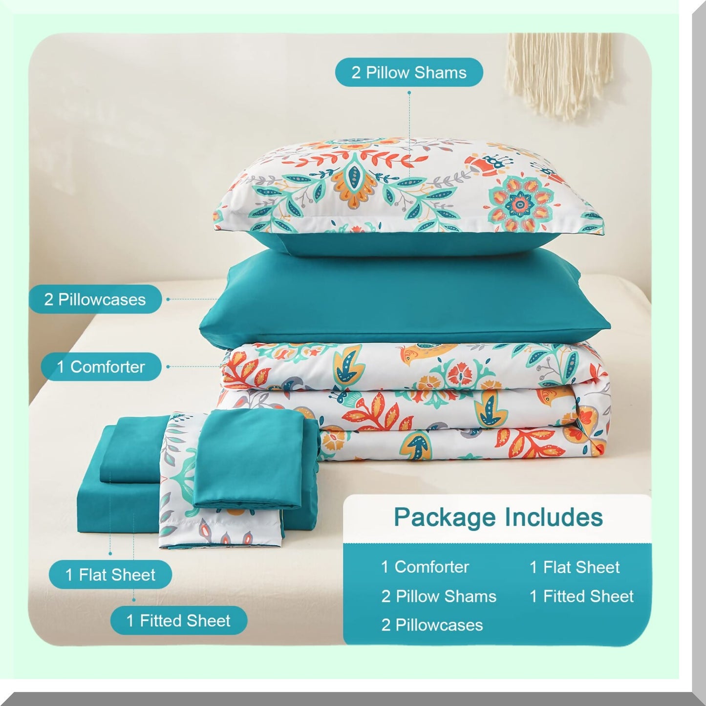 Boho Medallion Dream 7-Piece Bedding Set - Bohemian Floral Comforter with Sheets, Soft Microfiber All Season Bed in a Bag, Teal Blue Theme