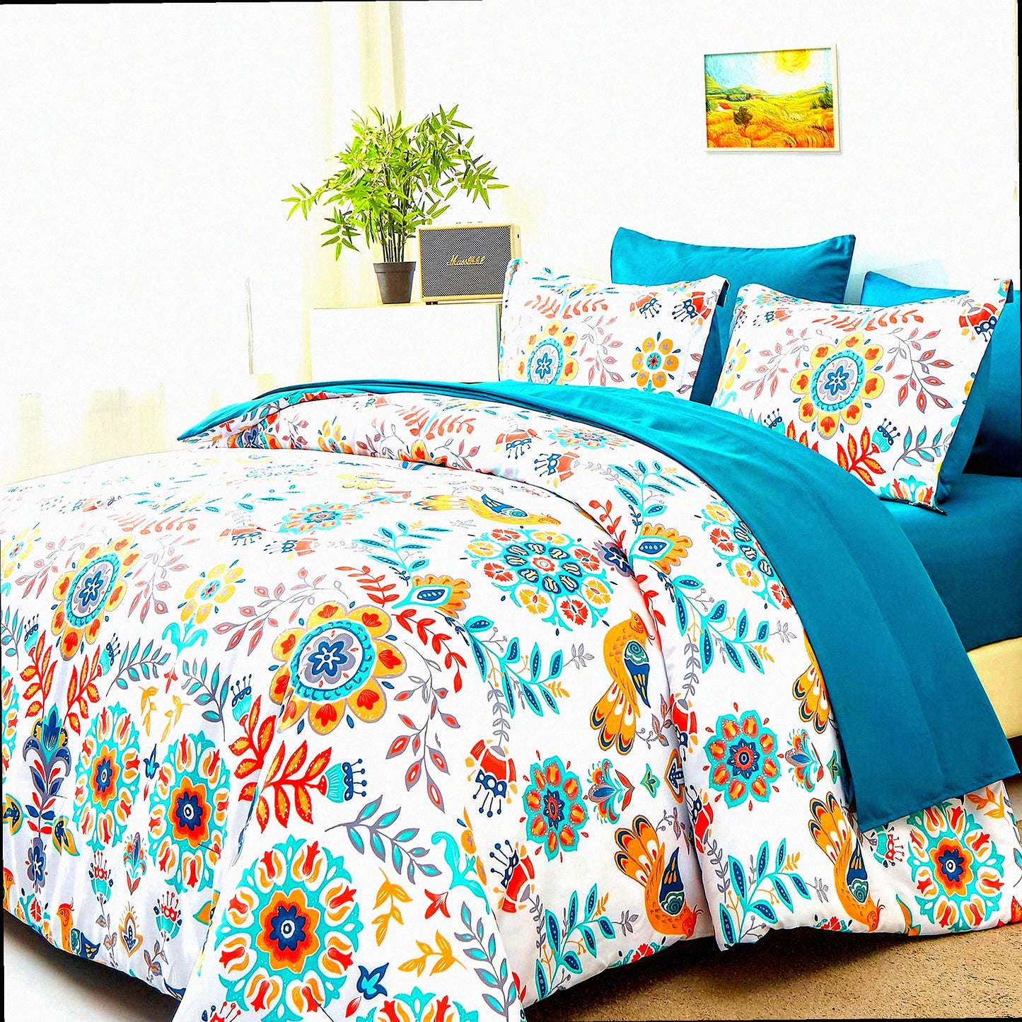 Boho Medallion Dream 7-Piece Bedding Set - Bohemian Floral Comforter with Sheets, Soft Microfiber All Season Bed in a Bag, Teal Blue Theme