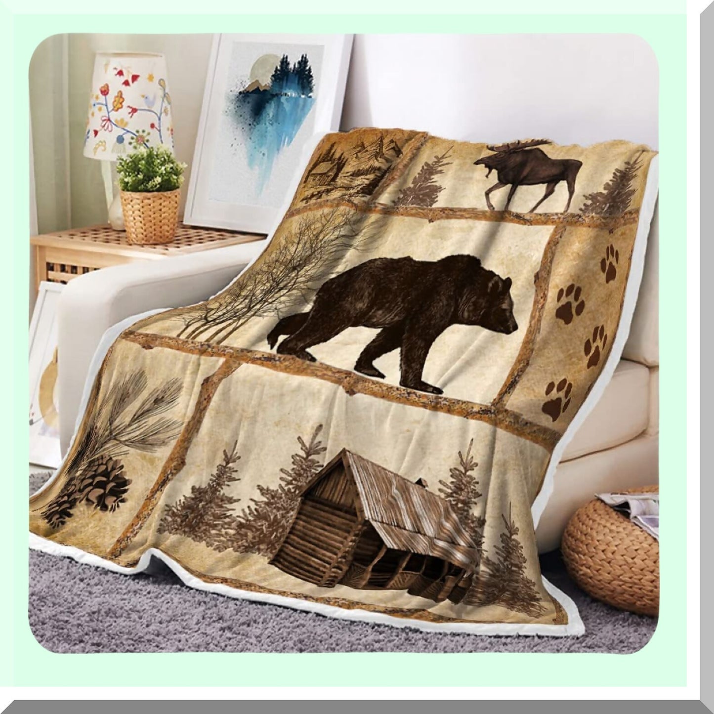 CozyCountry Cabin Throw Blanket - Rustic Farmhouse Antique Bear Moose Design, Warm Fleece for Bed, Couch, Hunting, Camping, and Room Decor