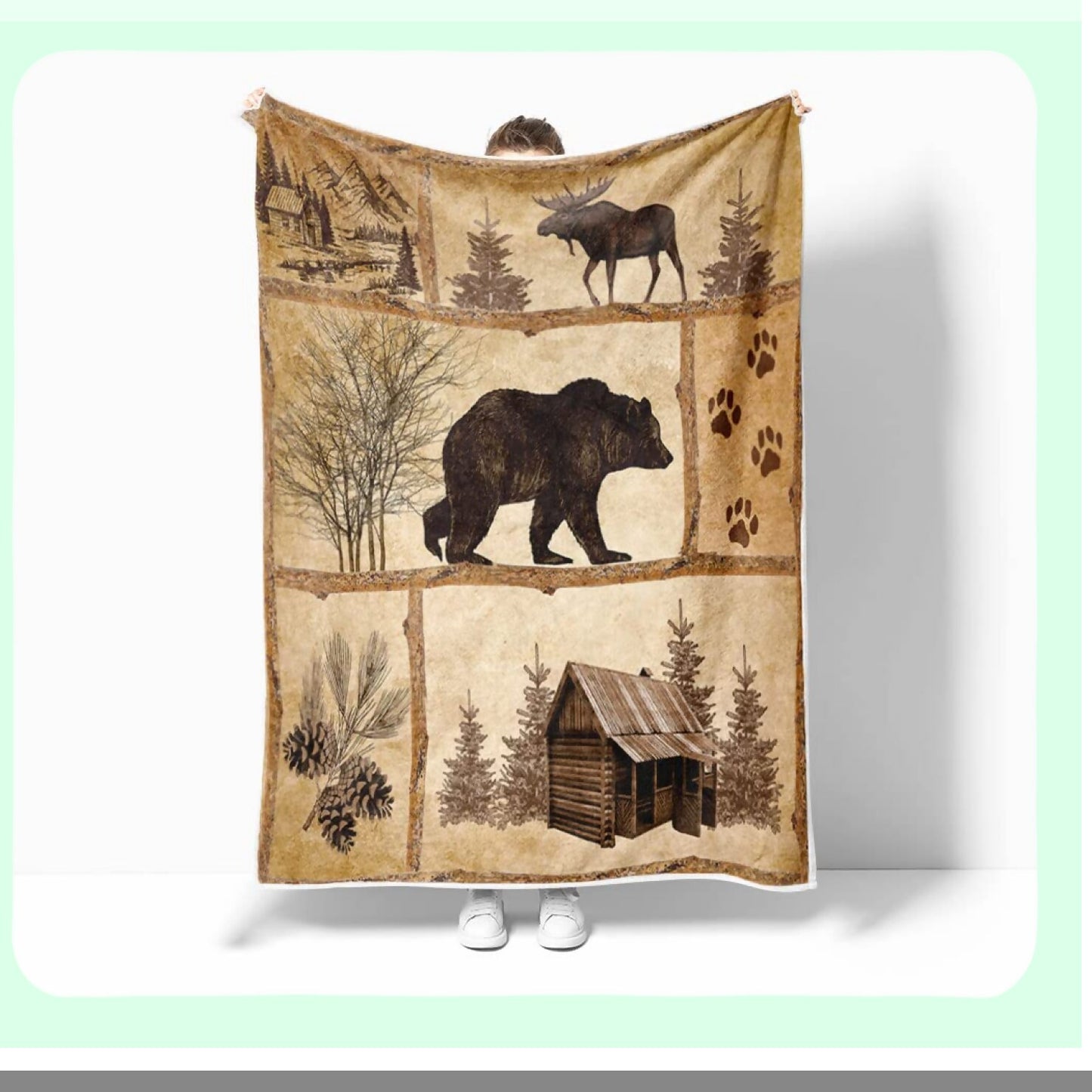 CozyCountry Cabin Throw Blanket - Rustic Farmhouse Antique Bear Moose Design, Warm Fleece for Bed, Couch, Hunting, Camping, and Room Decor
