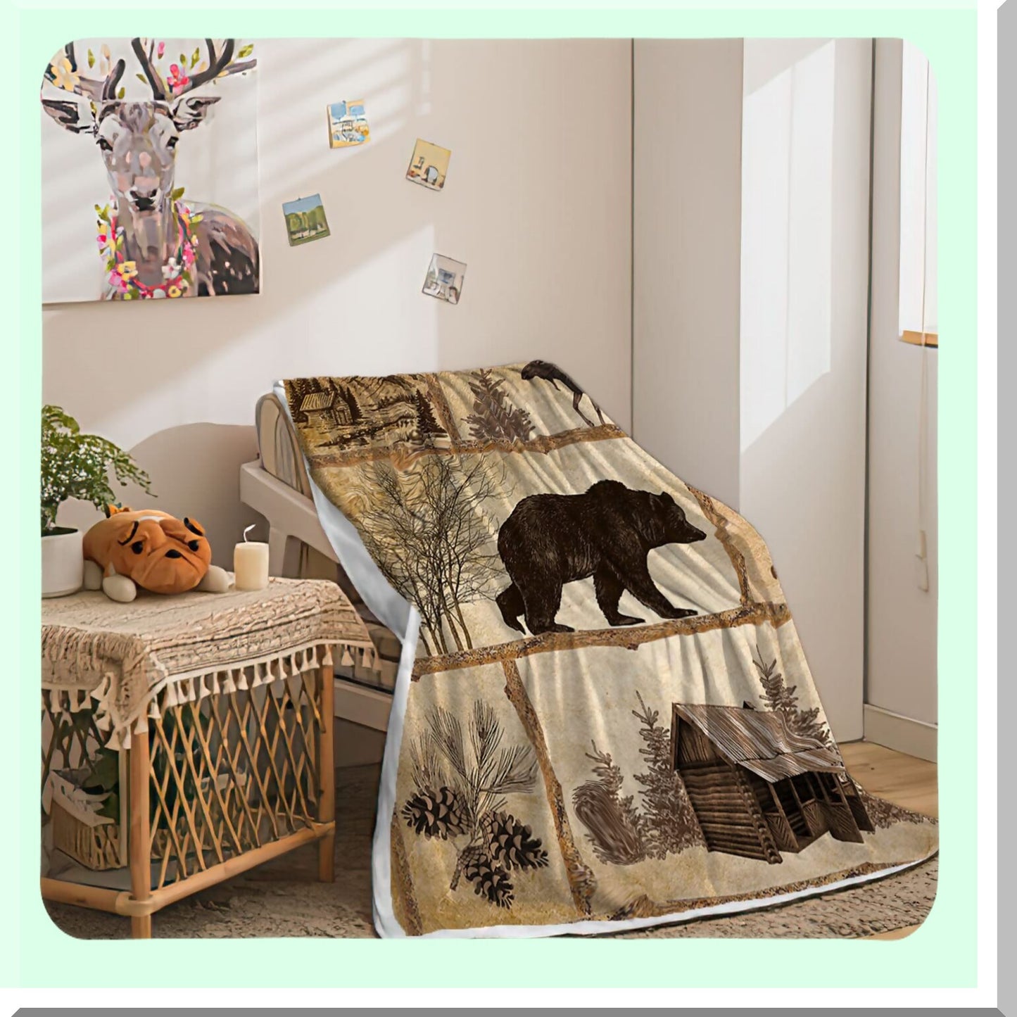 CozyCountry Cabin Throw Blanket - Rustic Farmhouse Antique Bear Moose Design, Warm Fleece for Bed, Couch, Hunting, Camping, and Room Decor