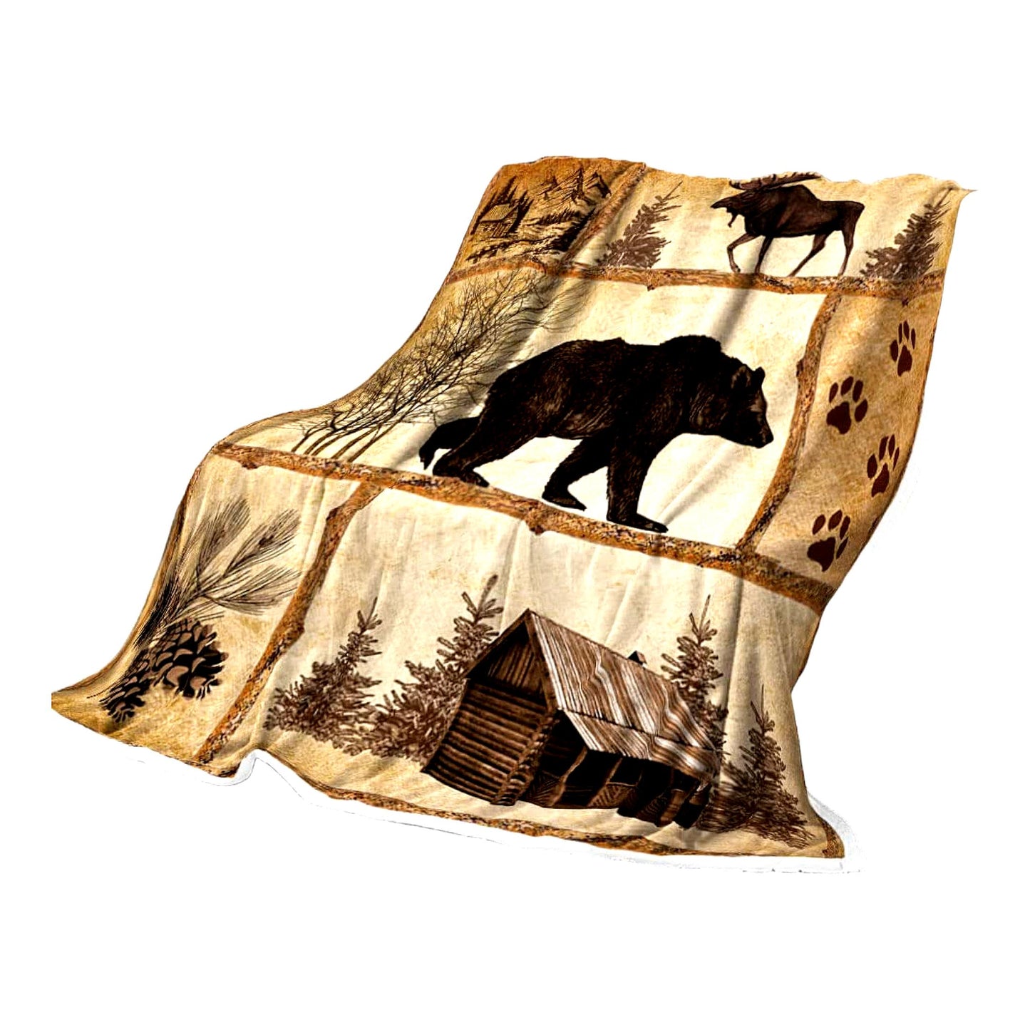 CozyCountry Cabin Throw Blanket - Rustic Farmhouse Antique Bear Moose Design, Warm Fleece for Bed, Couch, Hunting, Camping, and Room Decor