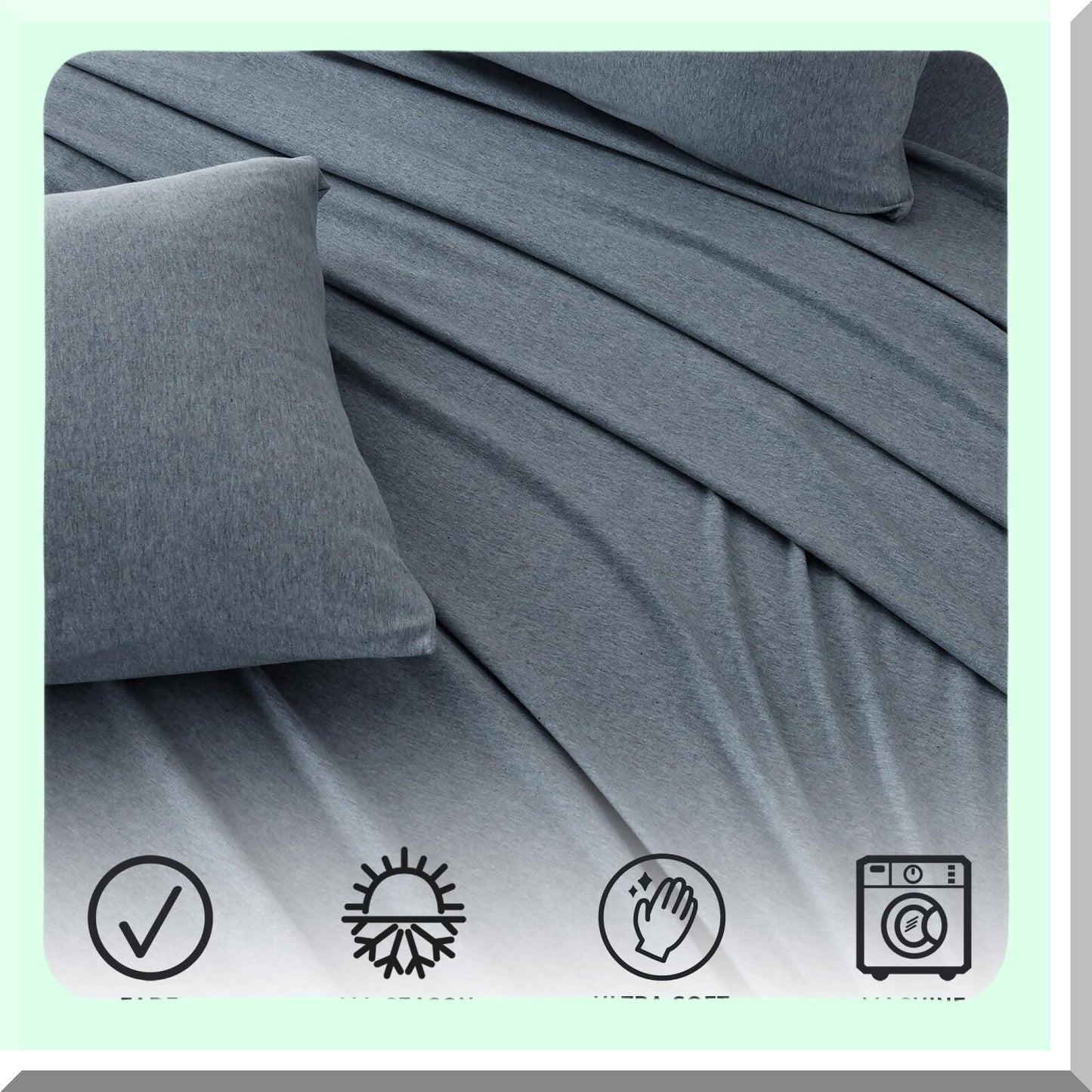 UltraSoft Heathered Denim Blue Jersey Knit Queen Sheet Set - Breathable Cotton Blend Bedding with Pillowcases - All Season T-Shirt Jersey Bed Sheets