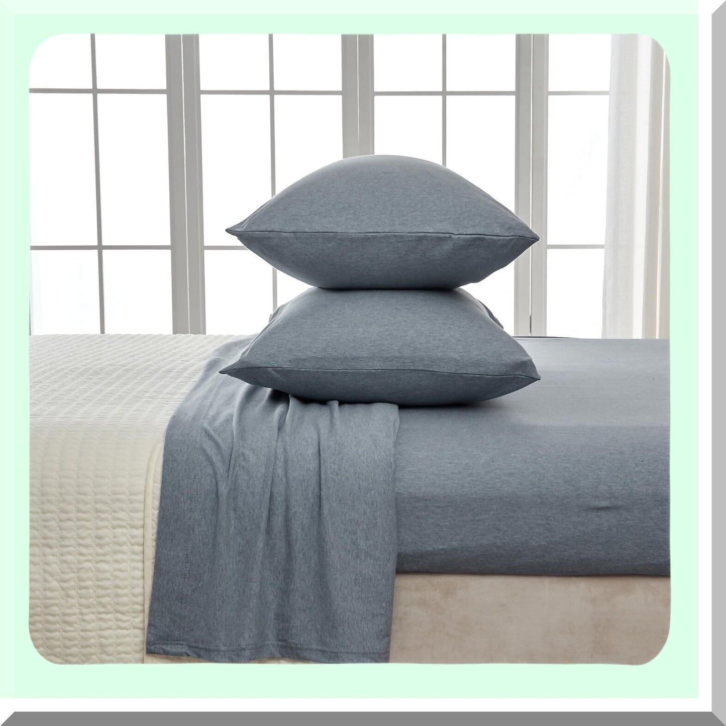 UltraSoft Heathered Denim Blue Jersey Knit Queen Sheet Set - Breathable Cotton Blend Bedding with Pillowcases - All Season T-Shirt Jersey Bed Sheets
