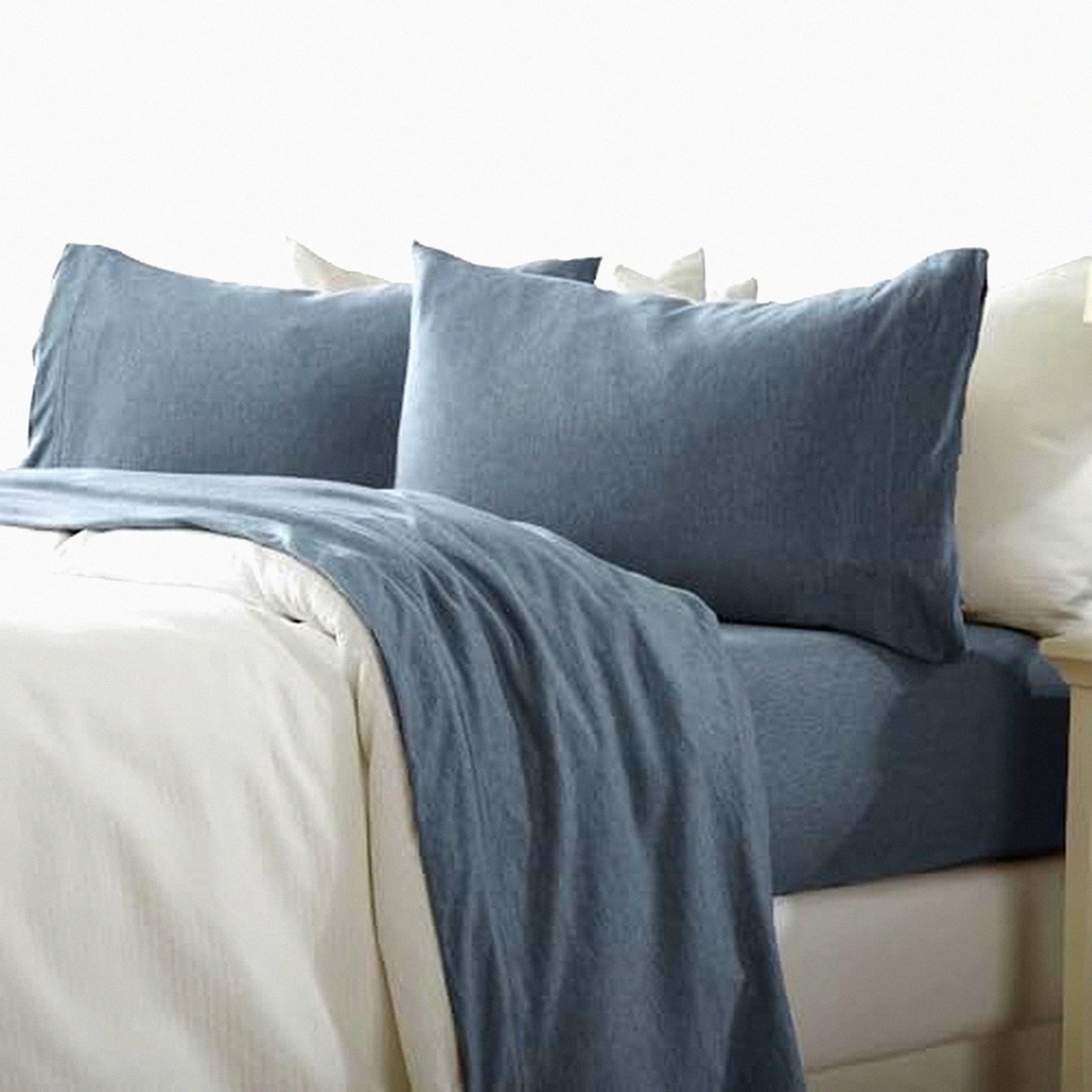 UltraSoft Heathered Denim Blue Jersey Knit Queen Sheet Set - Breathable Cotton Blend Bedding with Pillowcases - All Season T-Shirt Jersey Bed Sheets