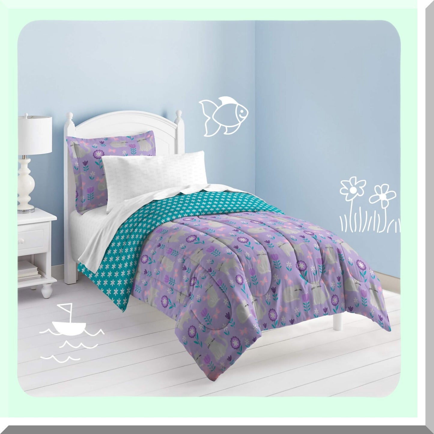 Gray Paws Twin Comforter Set - Cat Lover's Garden Theme - Soft and Cozy Bedding - 2A862601GY
