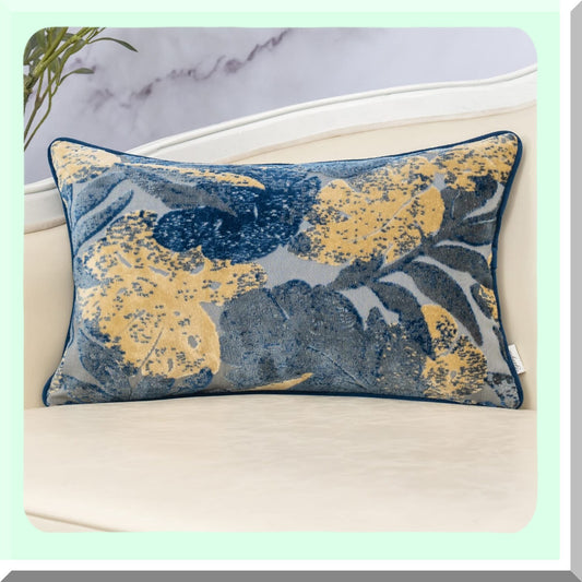 Vintage Blue Monstera Leaf Velvet Lumbar Pillowcase - Textured Cushion Cover for Sofa Couch & Bedroom Decor - 12x20 Inch Oblong Throw Pillow