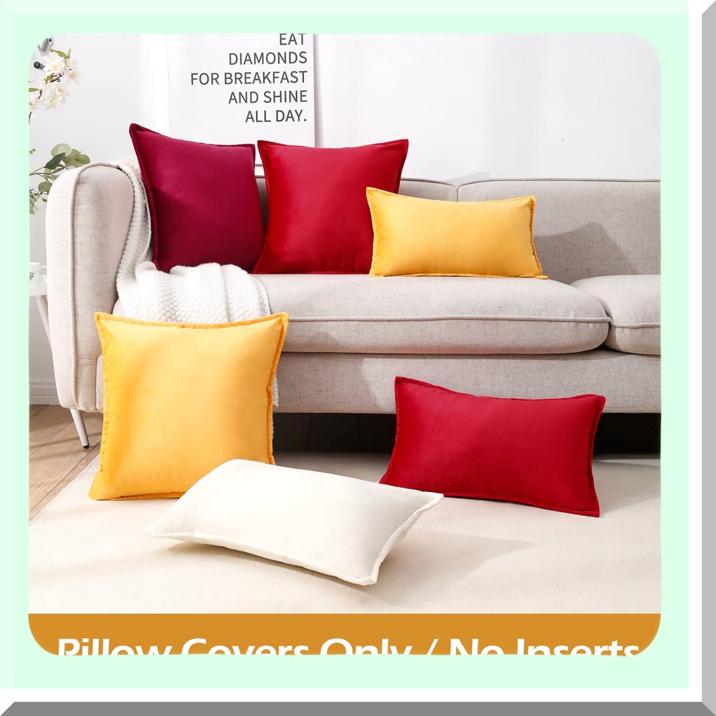 Sunshine Velvet Pillow Covers - Set of 2 18x18 Yellow Throw Pillows for Couch & Bed - Soft Accent Decorative Cushions for Living Room & Bedroom