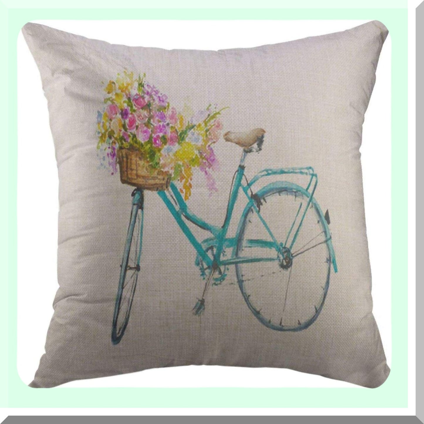 Vintage Bicycle Floral Throw Pillow Cover - Retro Blue Bike with Flowers in Basket Design - Watercolor Home Decor Case for Couch Sofa - 18x18 Inch Square