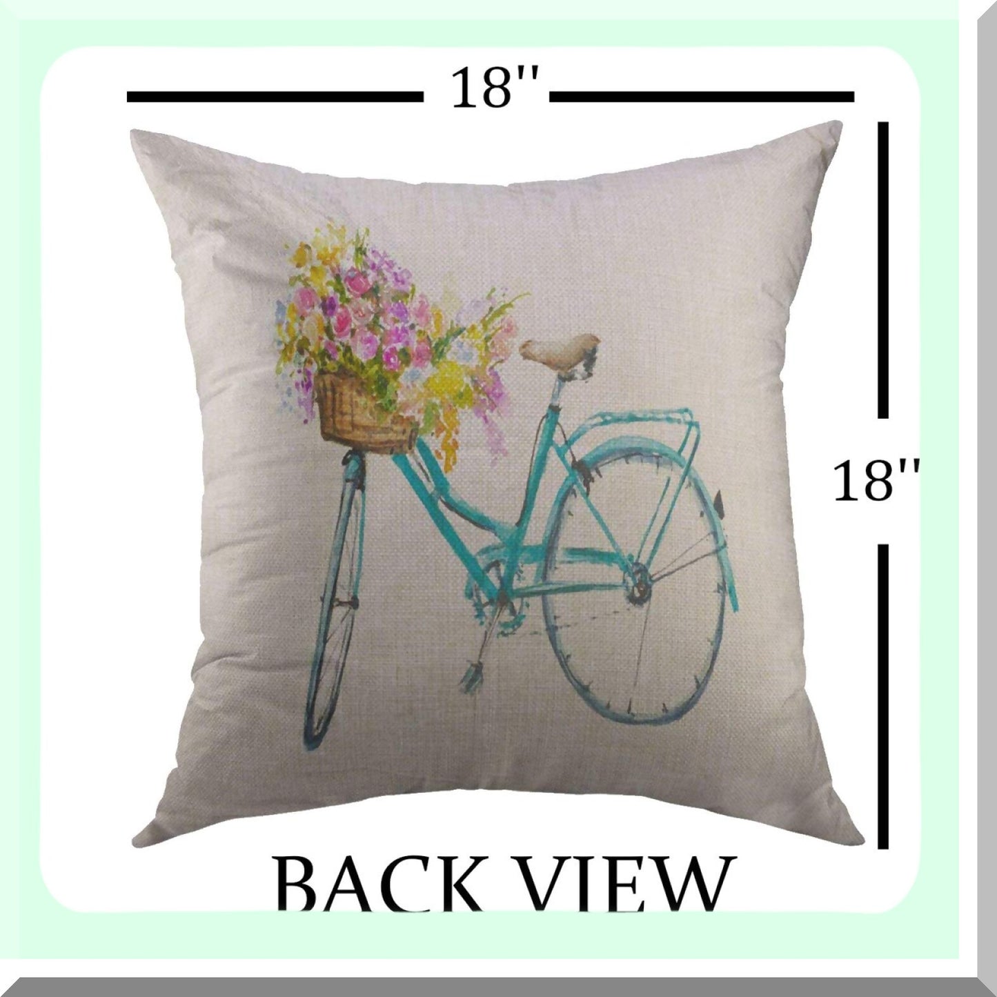 Vintage Bicycle Floral Throw Pillow Cover - Retro Blue Bike with Flowers in Basket Design - Watercolor Home Decor Case for Couch Sofa - 18x18 Inch Square