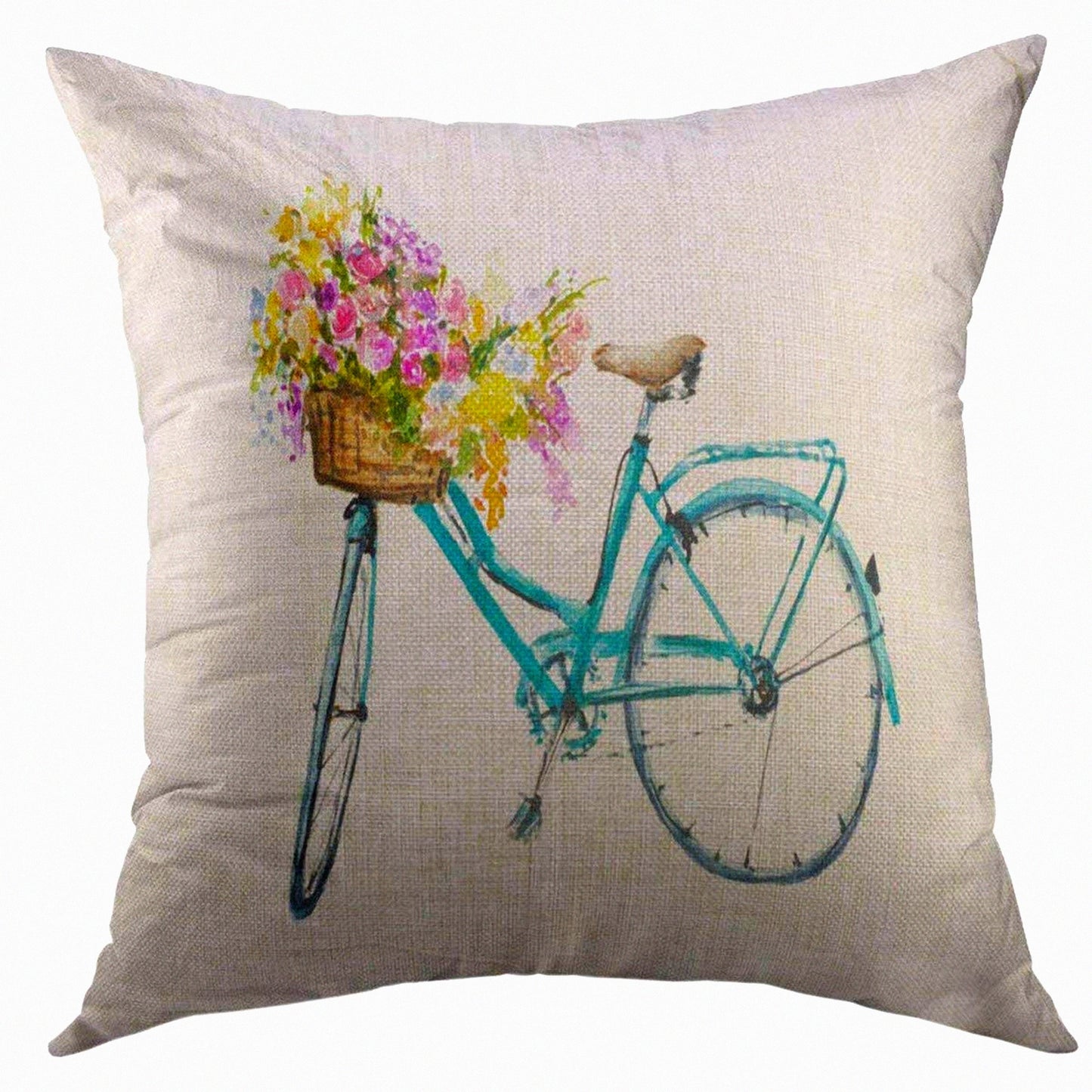 Vintage Bicycle Floral Throw Pillow Cover - Retro Blue Bike with Flowers in Basket Design - Watercolor Home Decor Case for Couch Sofa - 18x18 Inch Square