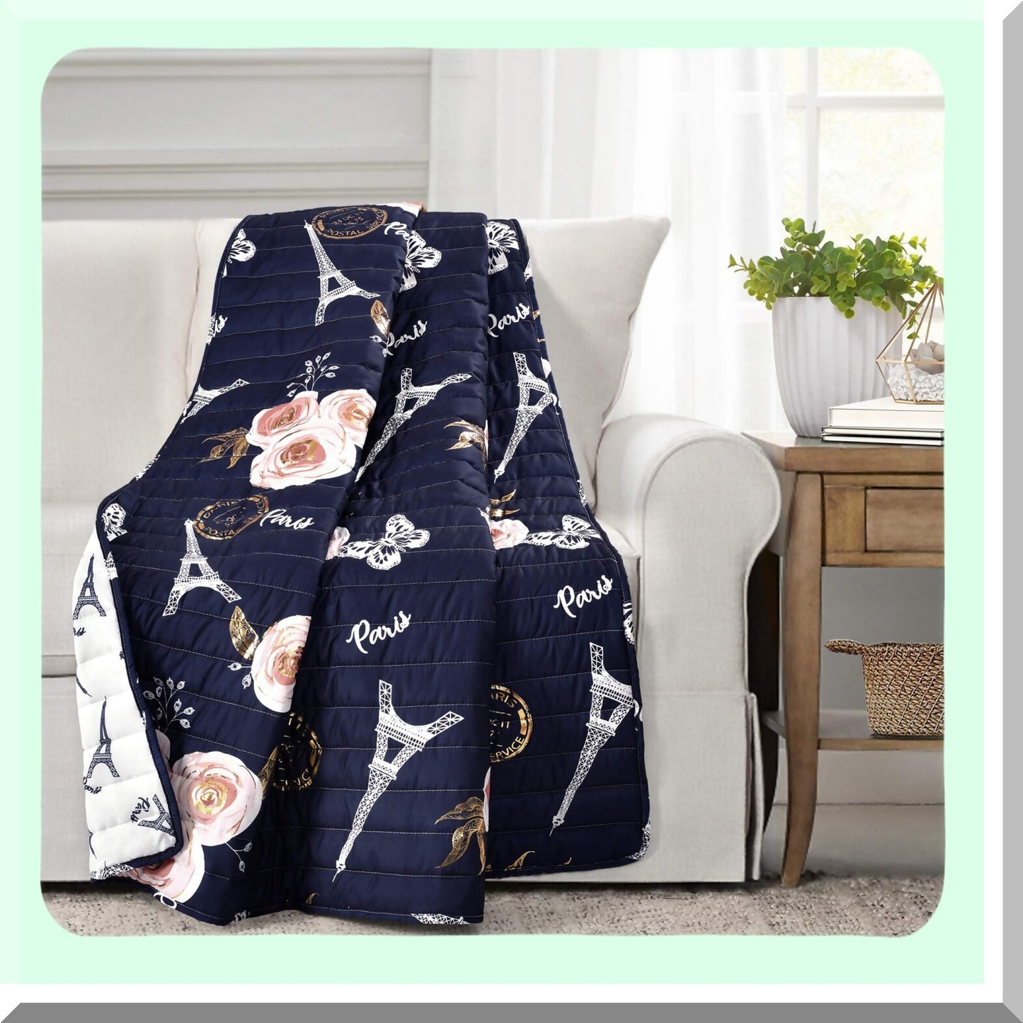 Parisian Cozy Reversible Throw Blanket - Navy Vintage Print, Soft Polyester, Perfect for Couch and Bed, 50 x 60 Inches