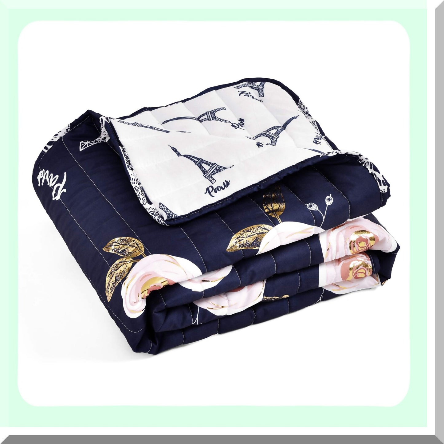 Parisian Cozy Reversible Throw Blanket - Navy Vintage Print, Soft Polyester, Perfect for Couch and Bed, 50 x 60 Inches