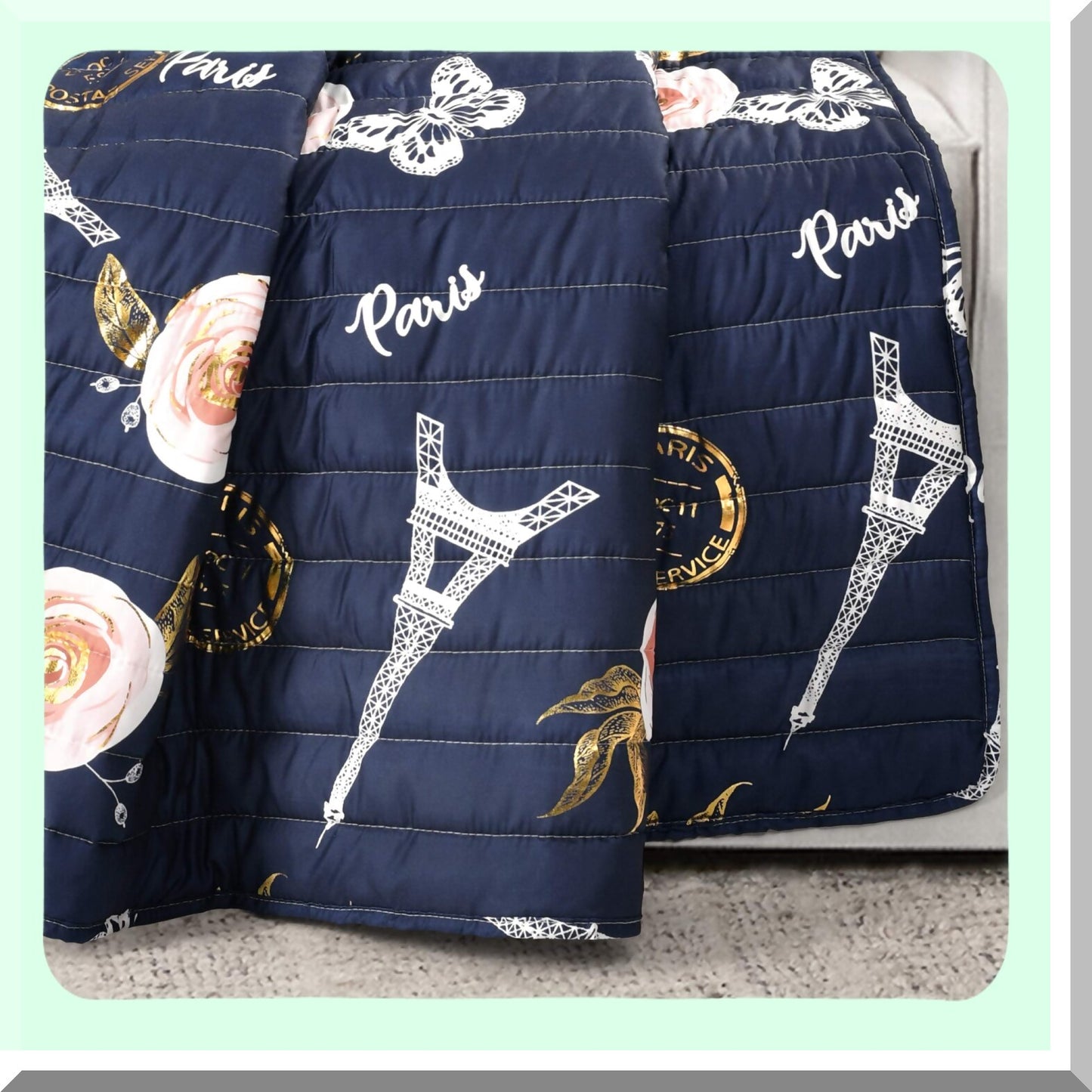Parisian Cozy Reversible Throw Blanket - Navy Vintage Print, Soft Polyester, Perfect for Couch and Bed, 50 x 60 Inches