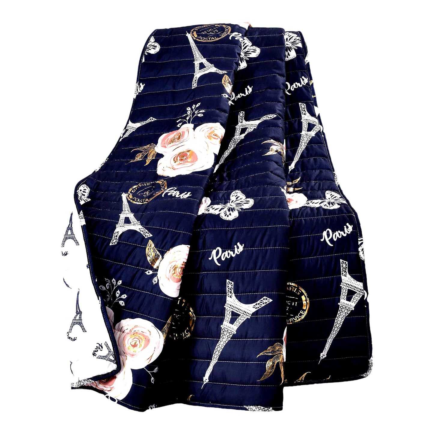 Parisian Cozy Reversible Throw Blanket - Navy Vintage Print, Soft Polyester, Perfect for Couch and Bed, 50 x 60 Inches