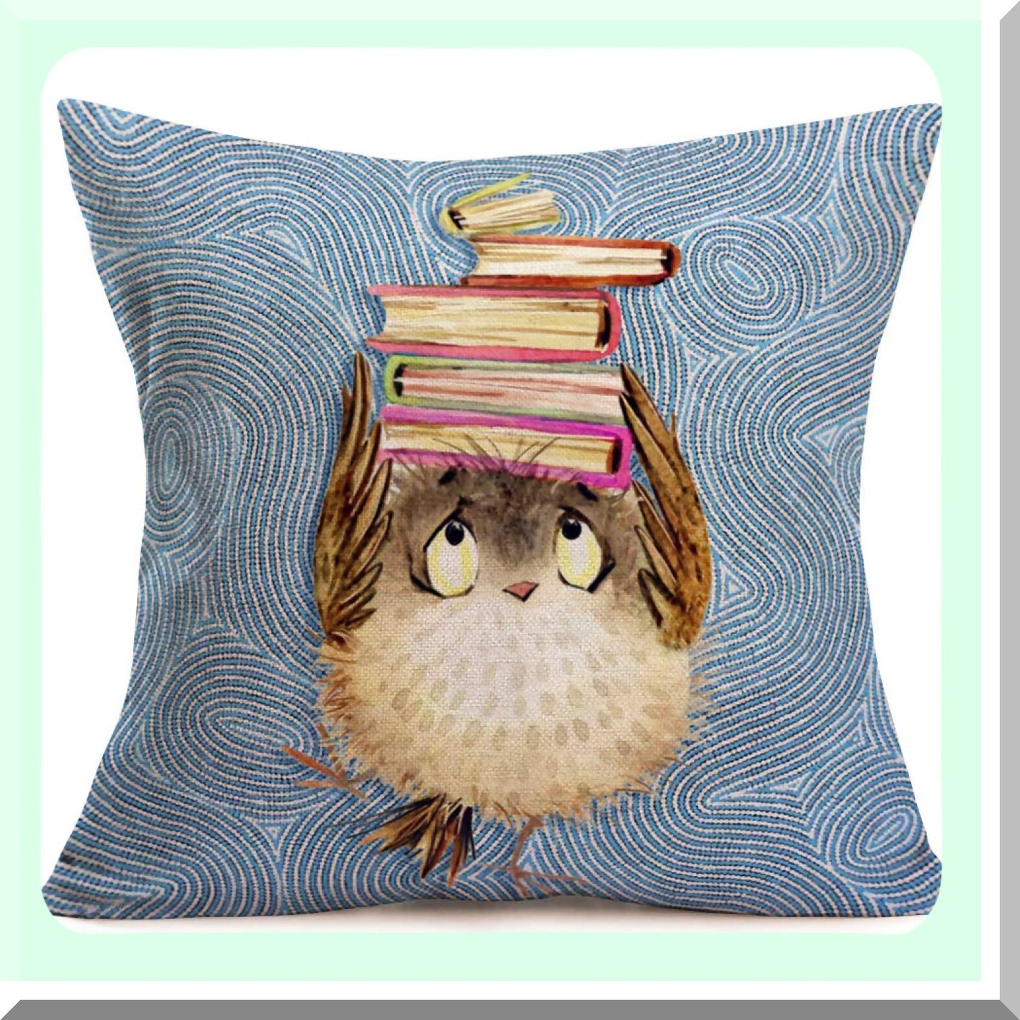 Lively Owl Watercolor Farmhouse Pillow Cover - Kids Room Decorative Cushion 18x18 Inch Square Standard Pillowcase - Animal Linen Cotton Chair Accent