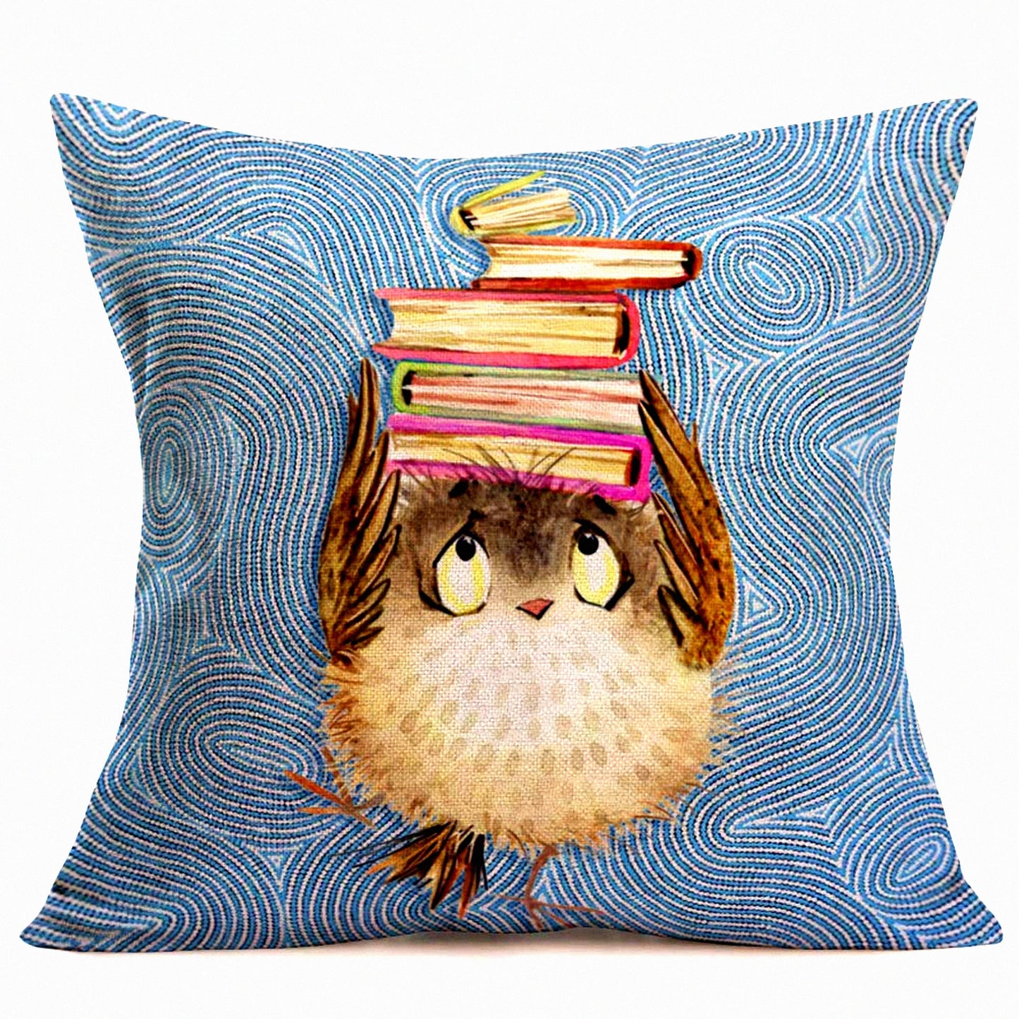Lively Owl Watercolor Farmhouse Pillow Cover - Kids Room Decorative Cushion 18x18 Inch Square Standard Pillowcase - Animal Linen Cotton Chair Accent