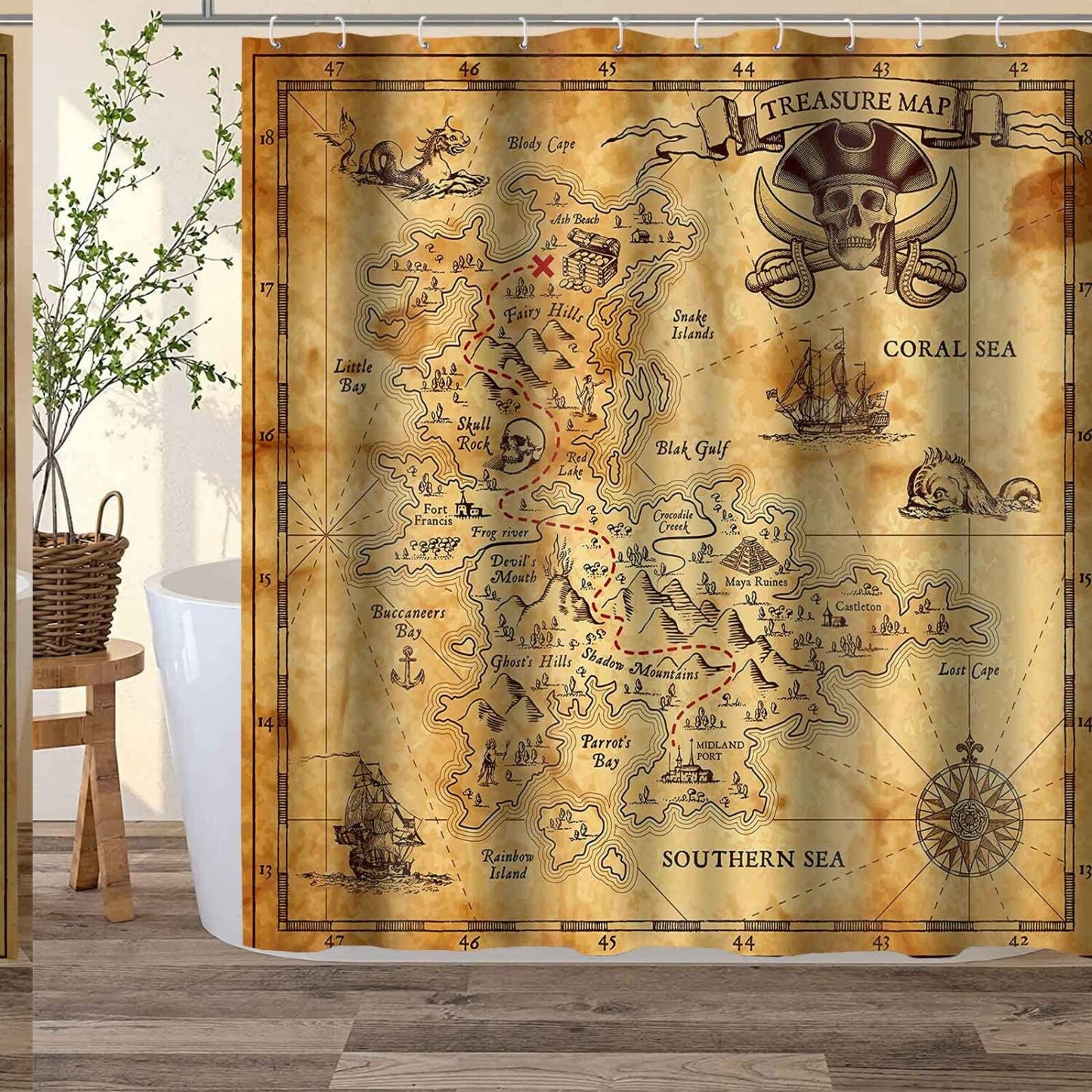 Nautical Island Map Shower Curtain 72x72 Inches
