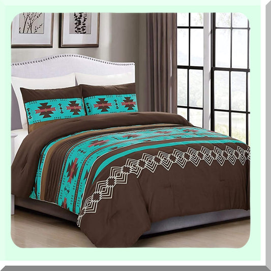 Navajo Dream Comforter Set - 3 Piece Western Southwestern Design in Multicolor Teal Coffee Brown, Embroidered Queen Size Bedding Set.