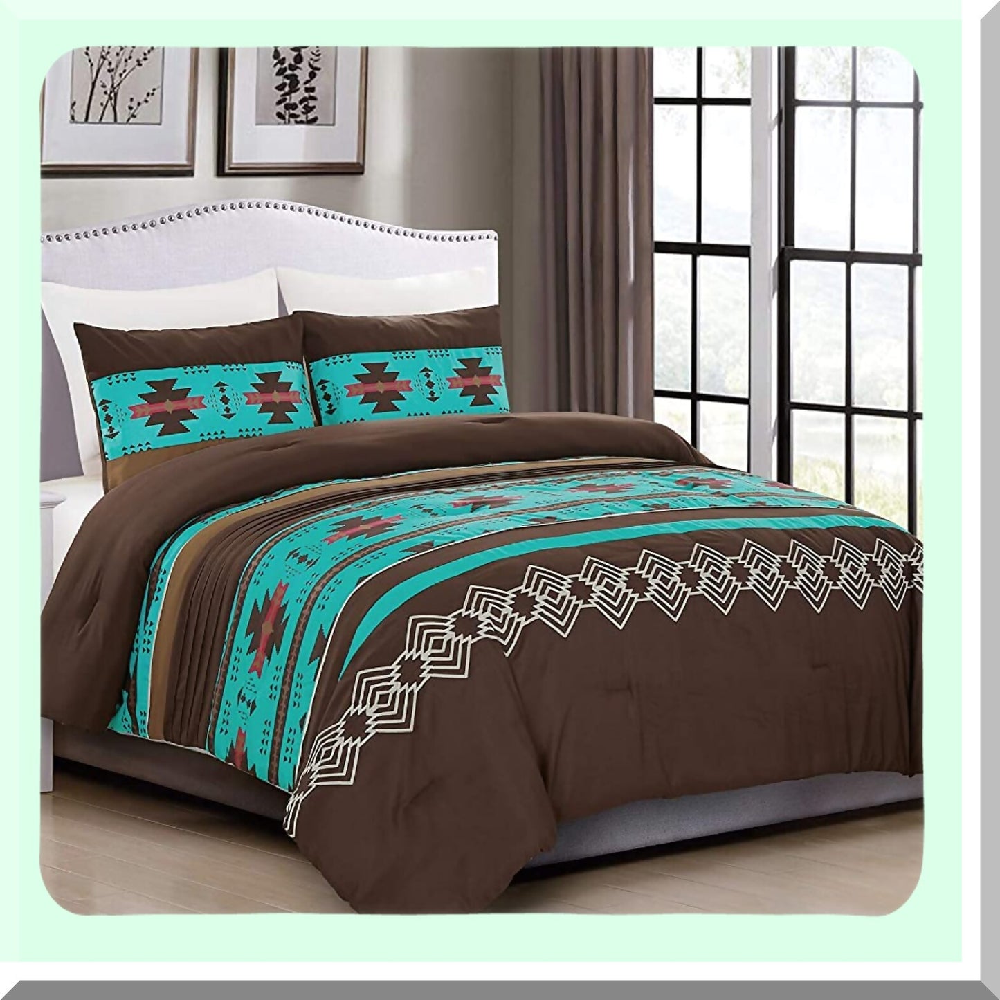 Navajo Dream Comforter Set - 3 Piece Western Southwestern Design in Multicolor Teal Coffee Brown, Embroidered Queen Size Bedding Set.