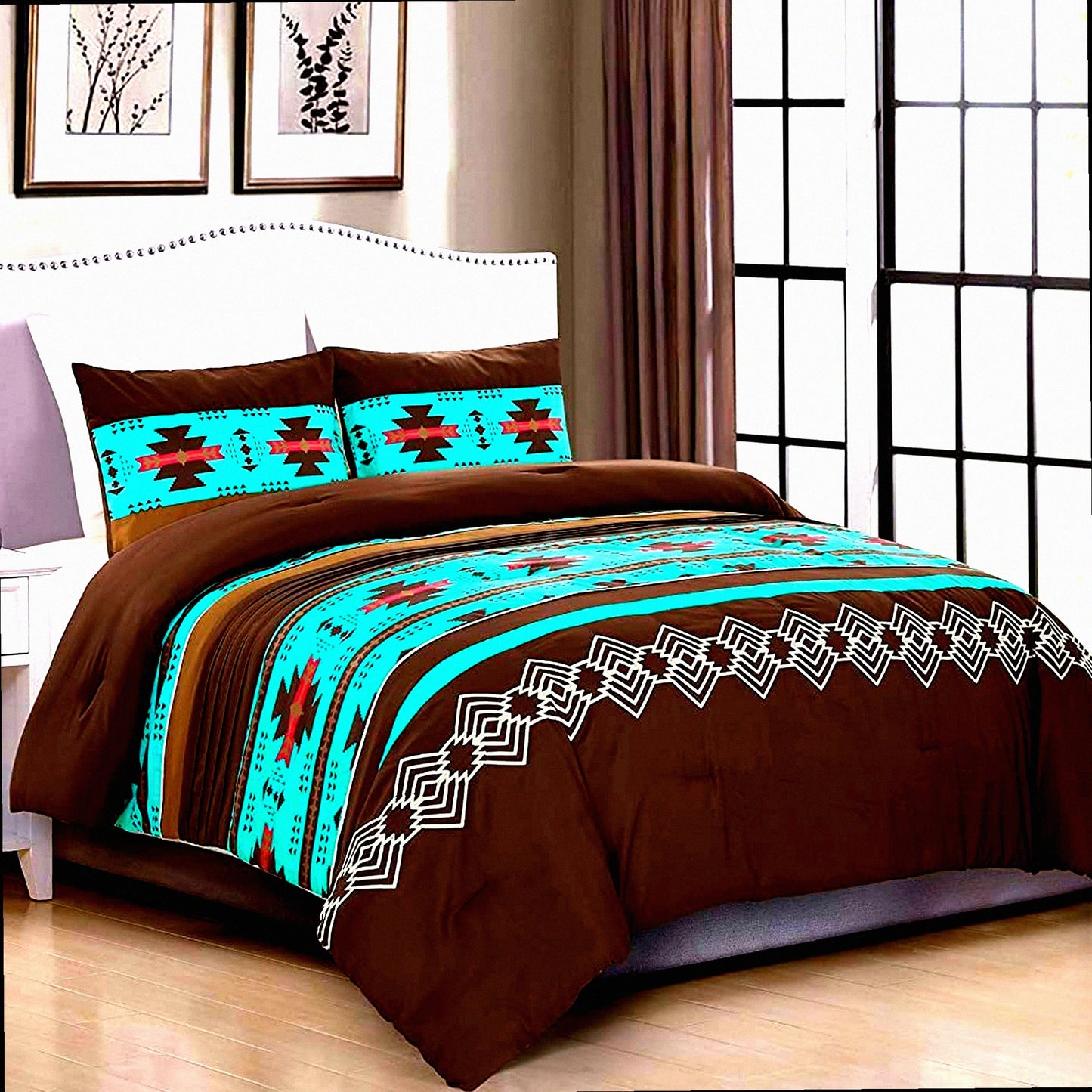 Navajo Dream Comforter Set - 3 Piece Western Southwestern Design in Multicolor Teal Coffee Brown, Embroidered Queen Size Bedding Set.