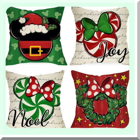 Winter Joy Candy Cane Pillow Covers - Set of 4, Farmhouse Holiday Decorative Cushion Cases for Home Sofa, Merry Mouse Xmas Wreath Theme
