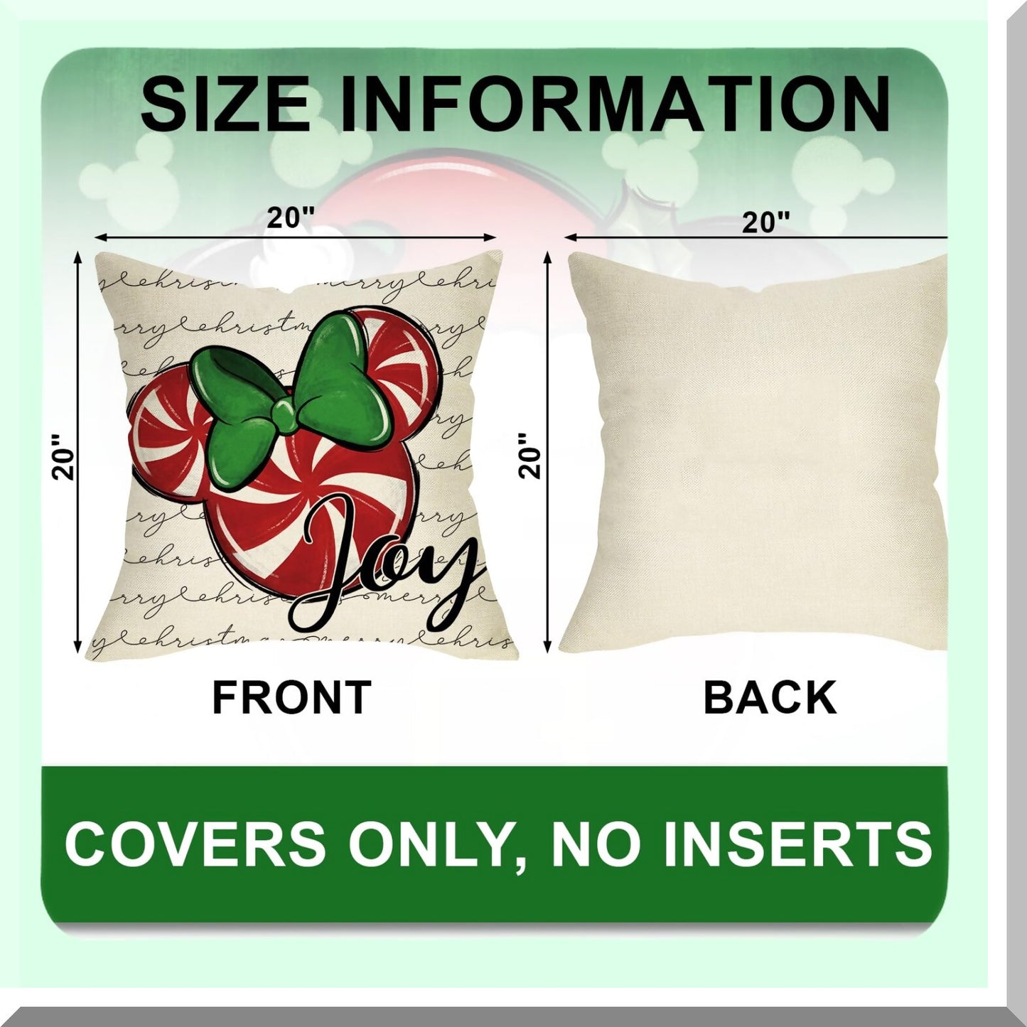 Winter Joy Candy Cane Pillow Covers - Set of 4, Farmhouse Holiday Decorative Cushion Cases for Home Sofa, Merry Mouse Xmas Wreath Theme