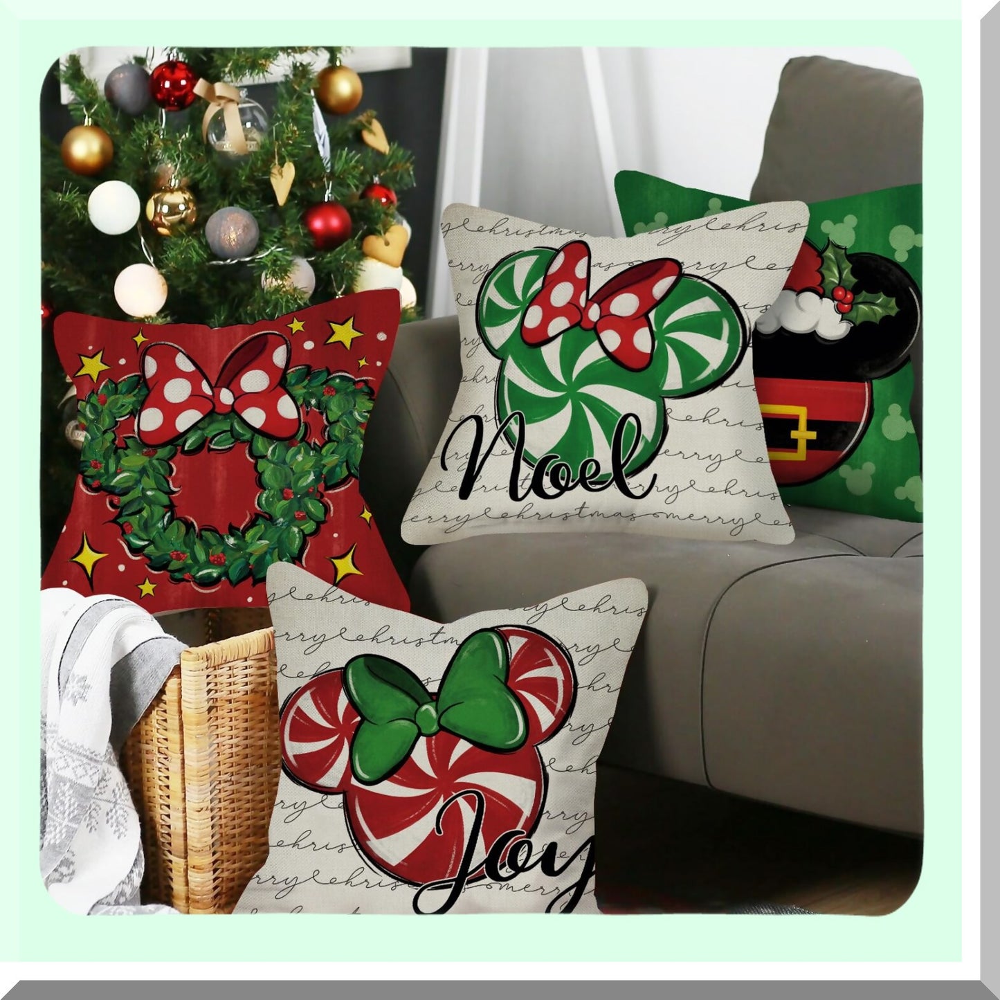 Winter Joy Candy Cane Pillow Covers - Set of 4, Farmhouse Holiday Decorative Cushion Cases for Home Sofa, Merry Mouse Xmas Wreath Theme