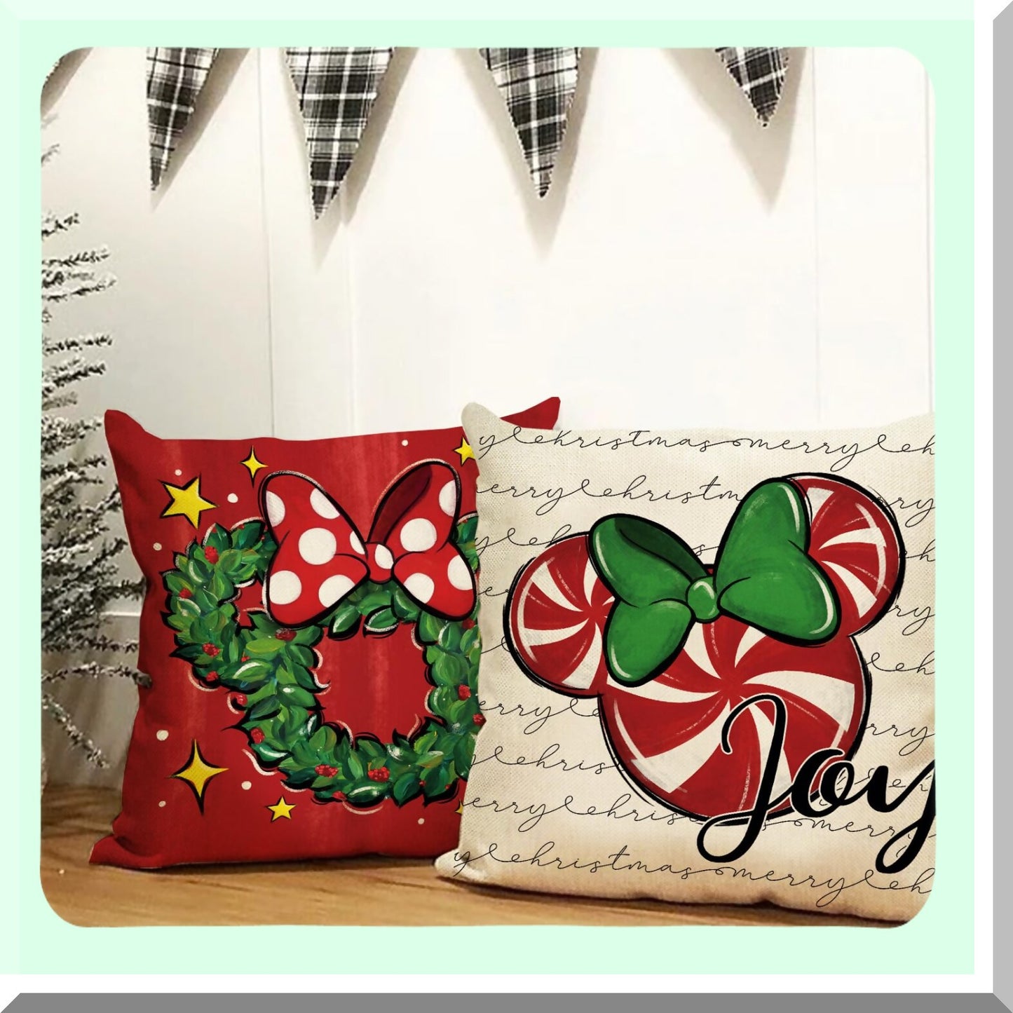 Winter Joy Candy Cane Pillow Covers - Set of 4, Farmhouse Holiday Decorative Cushion Cases for Home Sofa, Merry Mouse Xmas Wreath Theme