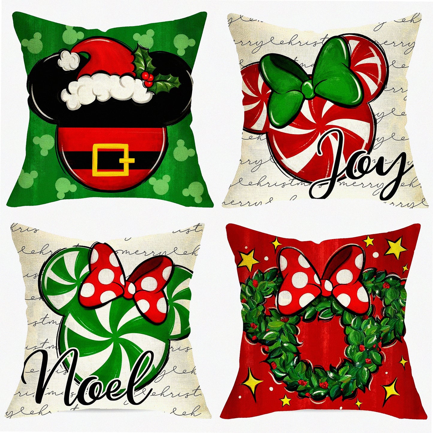 Winter Joy Candy Cane Pillow Covers - Set of 4, Farmhouse Holiday Decorative Cushion Cases for Home Sofa, Merry Mouse Xmas Wreath Theme