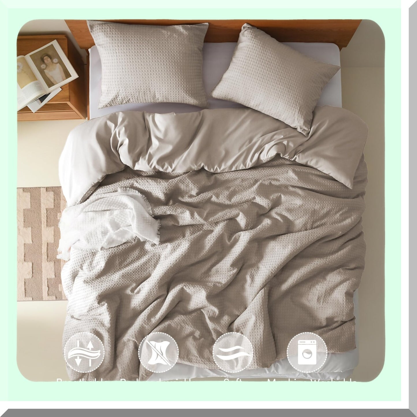 Breathable Waffle Dobby Taupe Comforter Set - Modern Farmhouse Boho 3-Piece Bedding Collection with Microfiber Shams for All Seasons Comfort - Cal Size