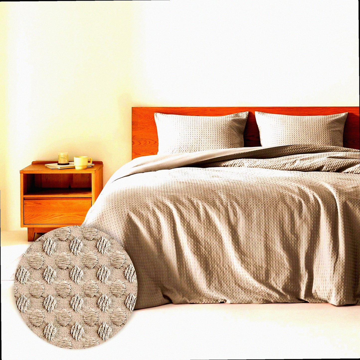 Breathable Waffle Dobby Taupe Comforter Set - Modern Farmhouse Boho 3-Piece Bedding Collection with Microfiber Shams for All Seasons Comfort - Cal Size