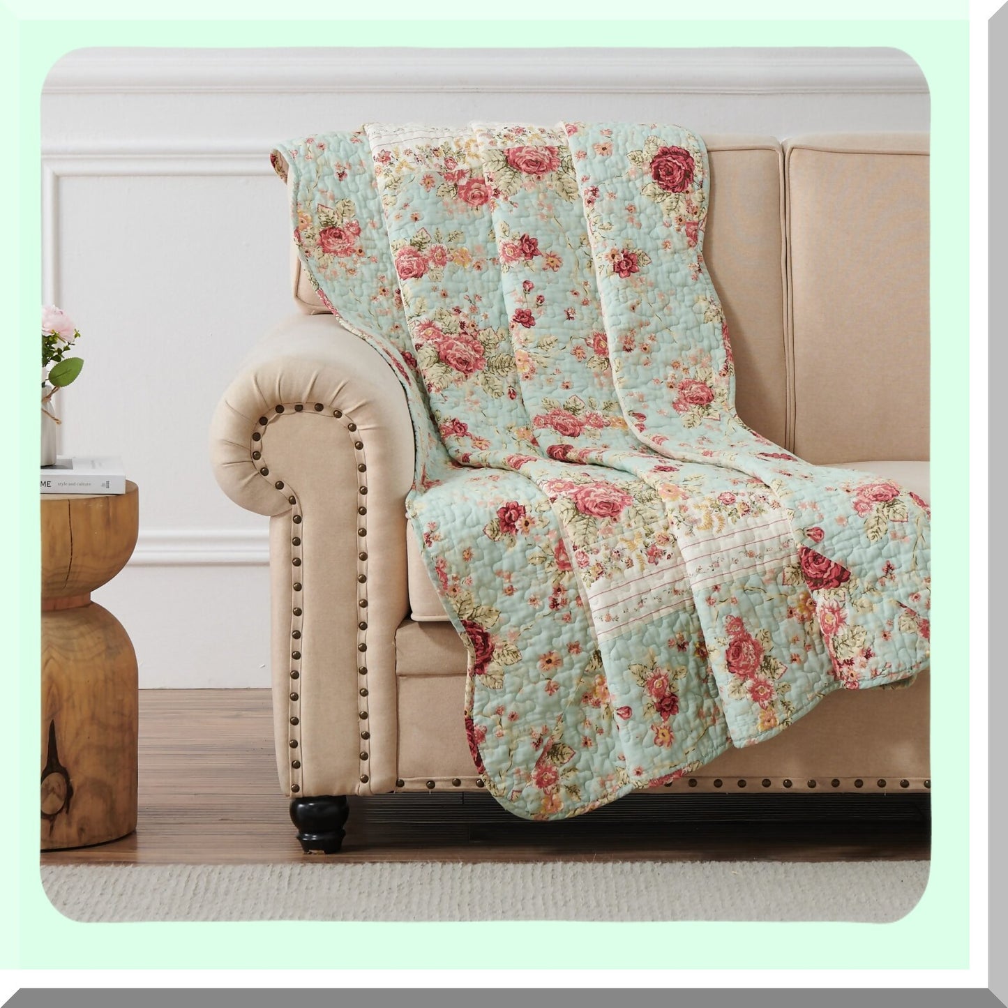 Vintage Blossom 100% Cotton Quilted Throw Blanket, 50x60 inches, Blue Floral Design