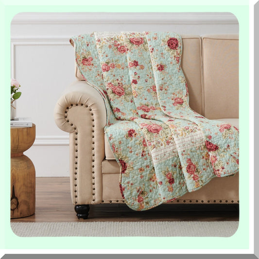 Vintage Blossom 100% Cotton Quilted Throw Blanket, 50x60 inches, Blue Floral Design