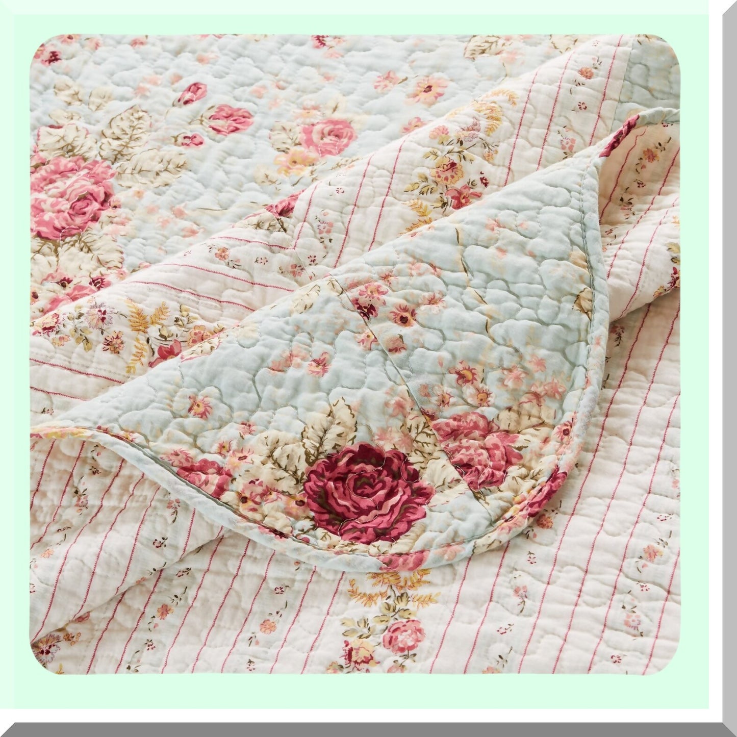 Vintage Blossom 100% Cotton Quilted Throw Blanket, 50x60 inches, Blue Floral Design