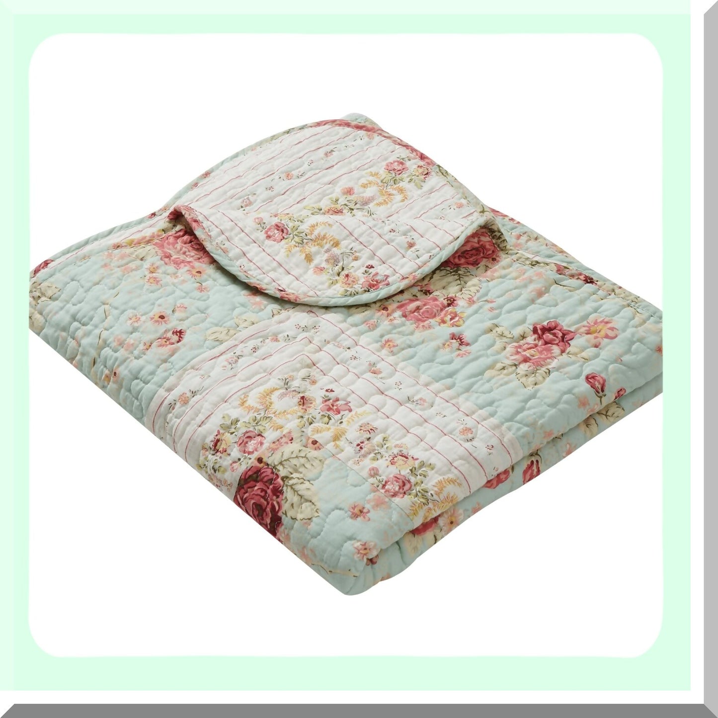 Vintage Blossom 100% Cotton Quilted Throw Blanket, 50x60 inches, Blue Floral Design