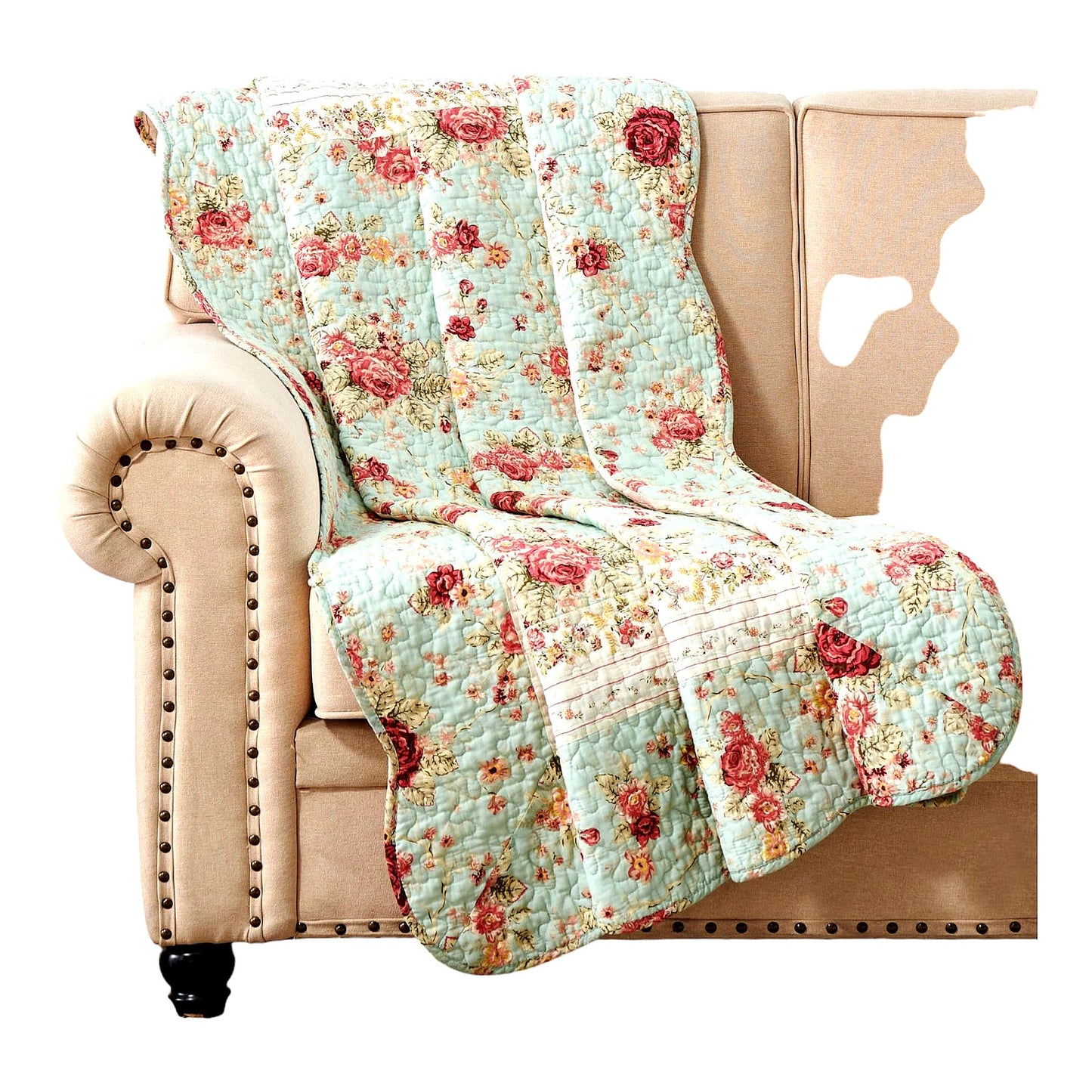 Vintage Blossom 100% Cotton Quilted Throw Blanket, 50x60 inches, Blue Floral Design