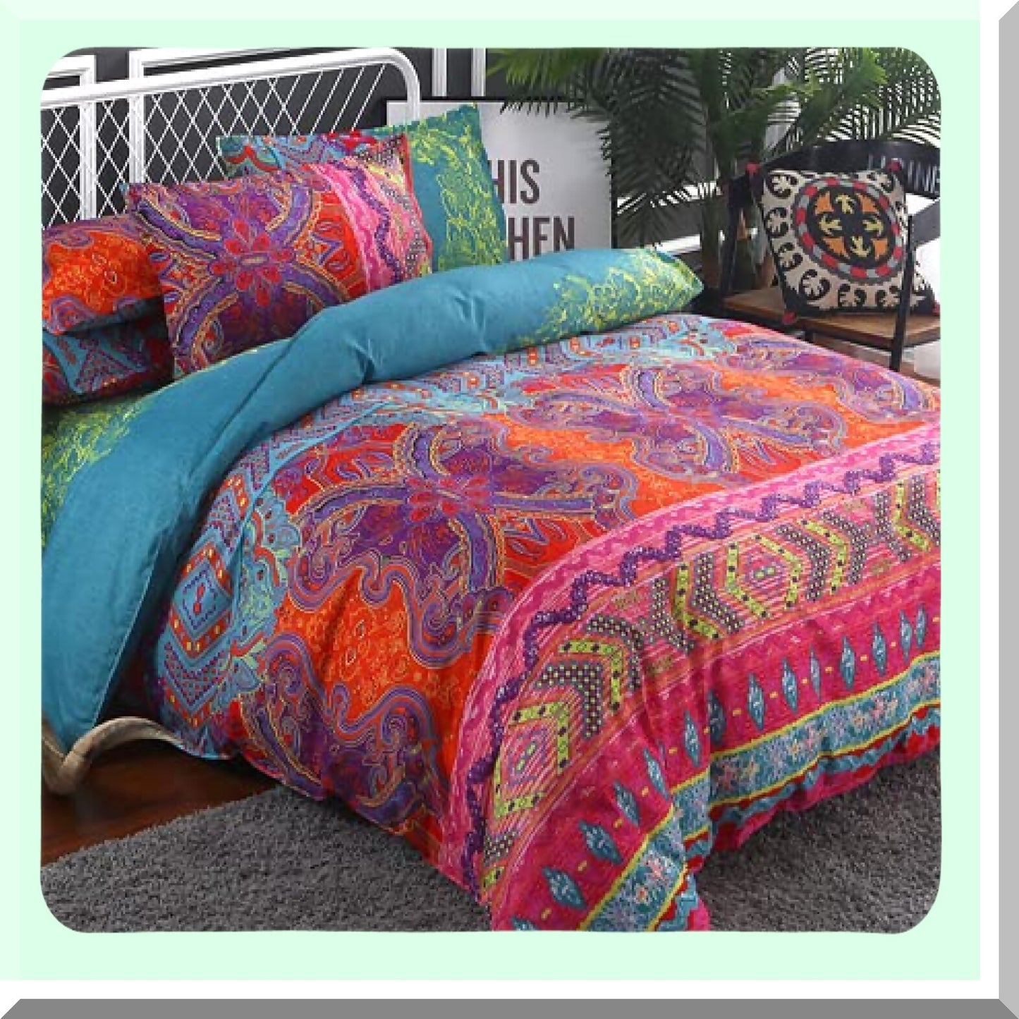 Boho Chic Reversible Comforter Set - 3 Piece Microfiber Duvet Set with Pillow Shams - All Season Alternative Comforter - Bohemian Bedding Set