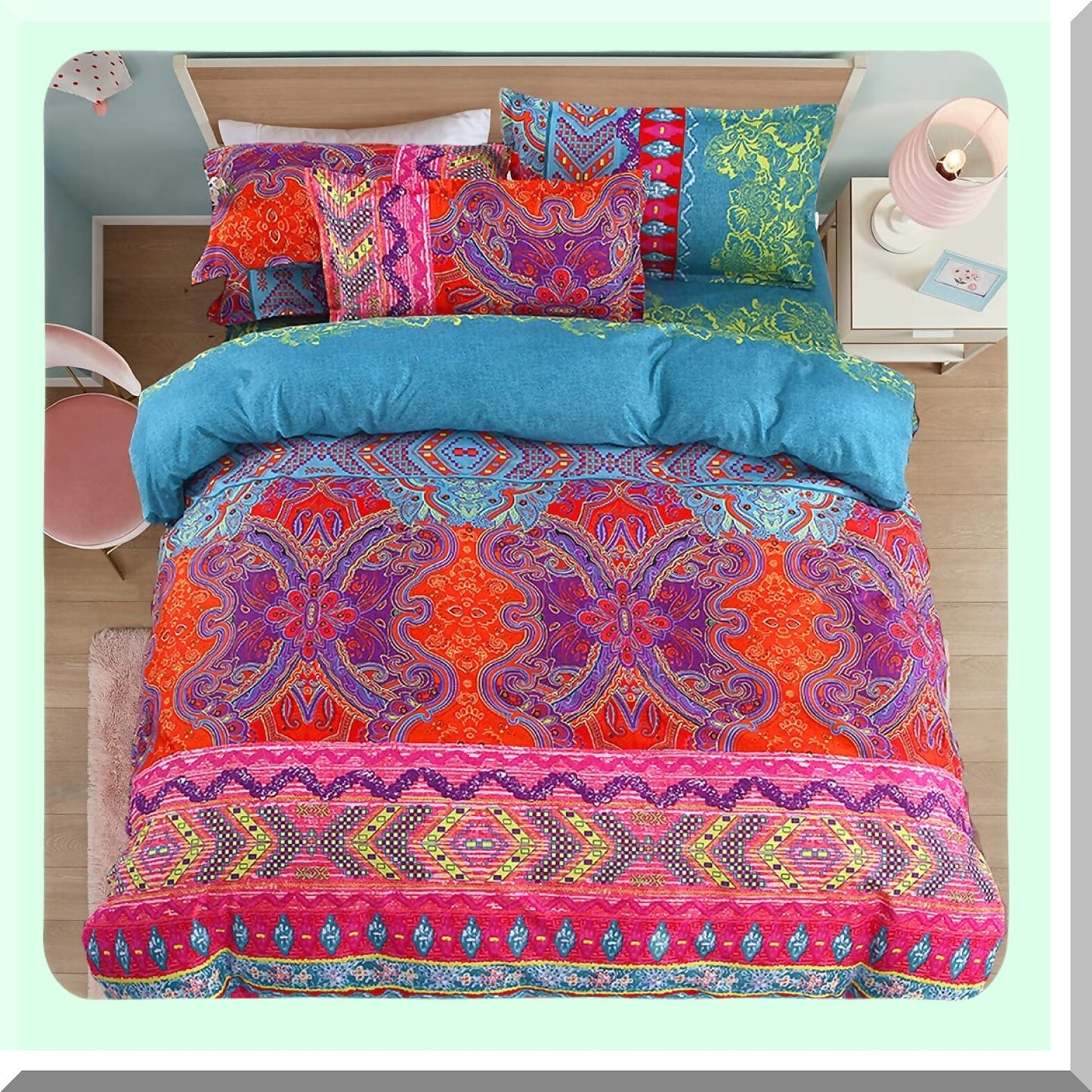Boho Chic Reversible Comforter Set - 3 Piece Microfiber Duvet Set with Pillow Shams - All Season Alternative Comforter - Bohemian Bedding Set