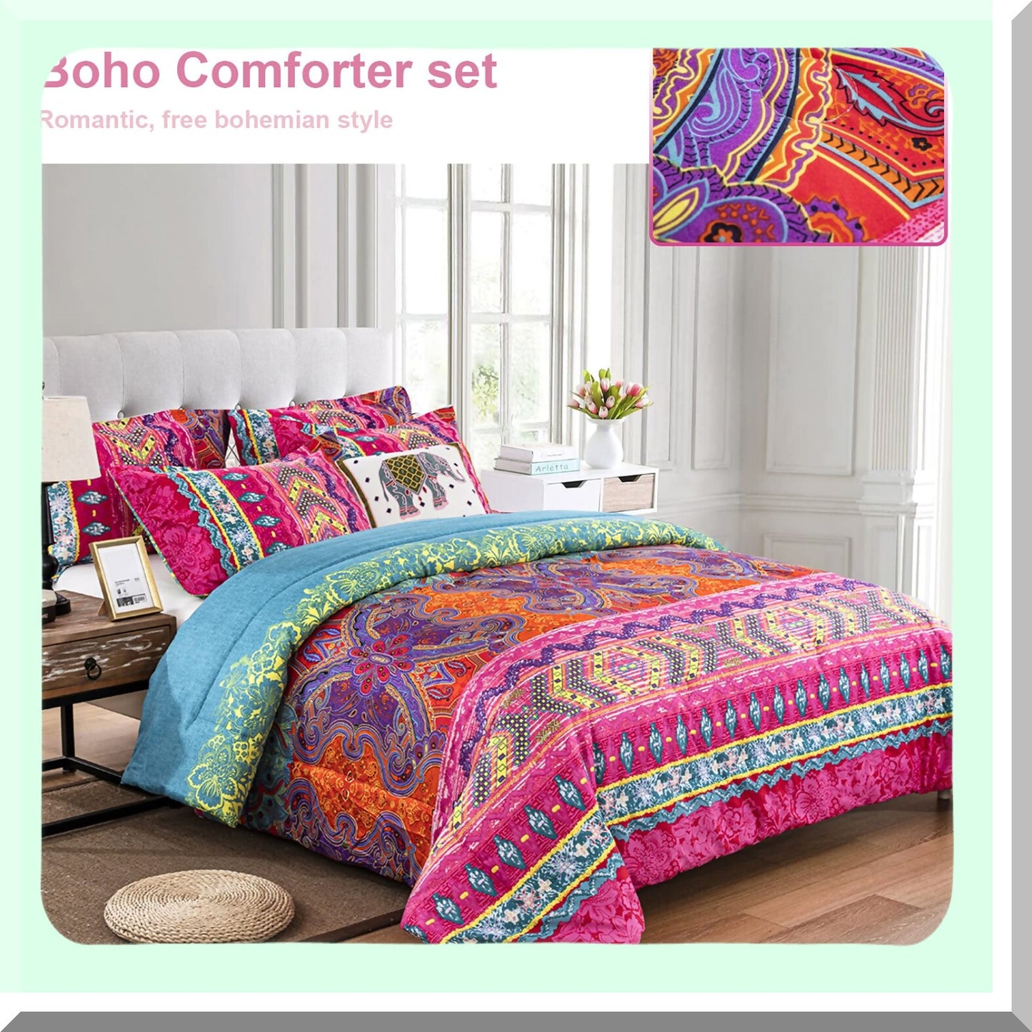 Boho Chic Reversible Comforter Set - 3 Piece Microfiber Duvet Set with Pillow Shams - All Season Alternative Comforter - Bohemian Bedding Set