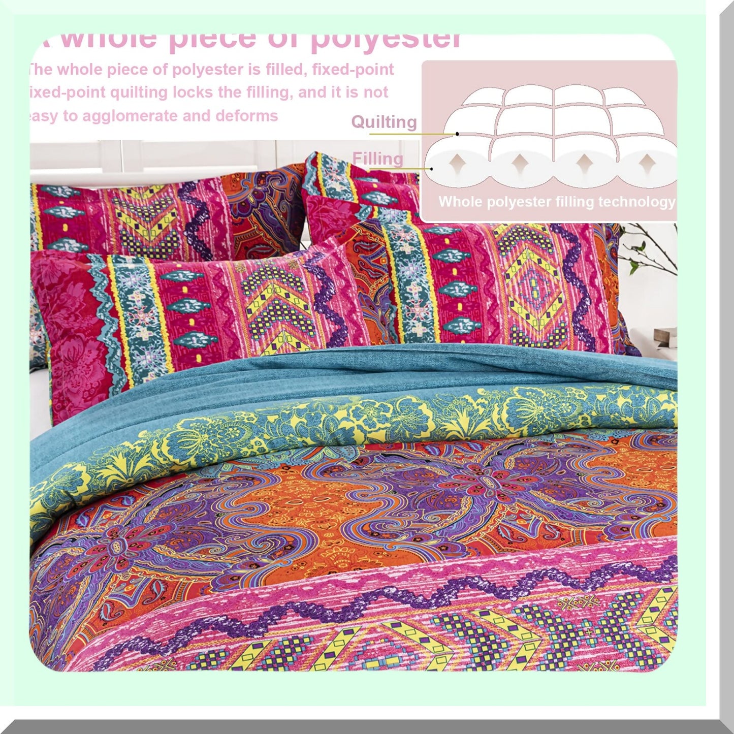 Boho Chic Reversible Comforter Set - 3 Piece Microfiber Duvet Set with Pillow Shams - All Season Alternative Comforter - Bohemian Bedding Set