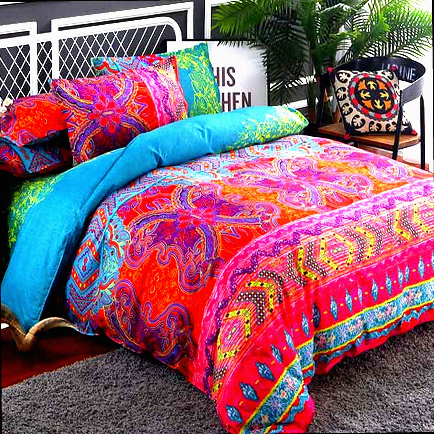 Boho Chic Reversible Comforter Set - 3 Piece Microfiber Duvet Set with Pillow Shams - All Season Alternative Comforter - Bohemian Bedding Set