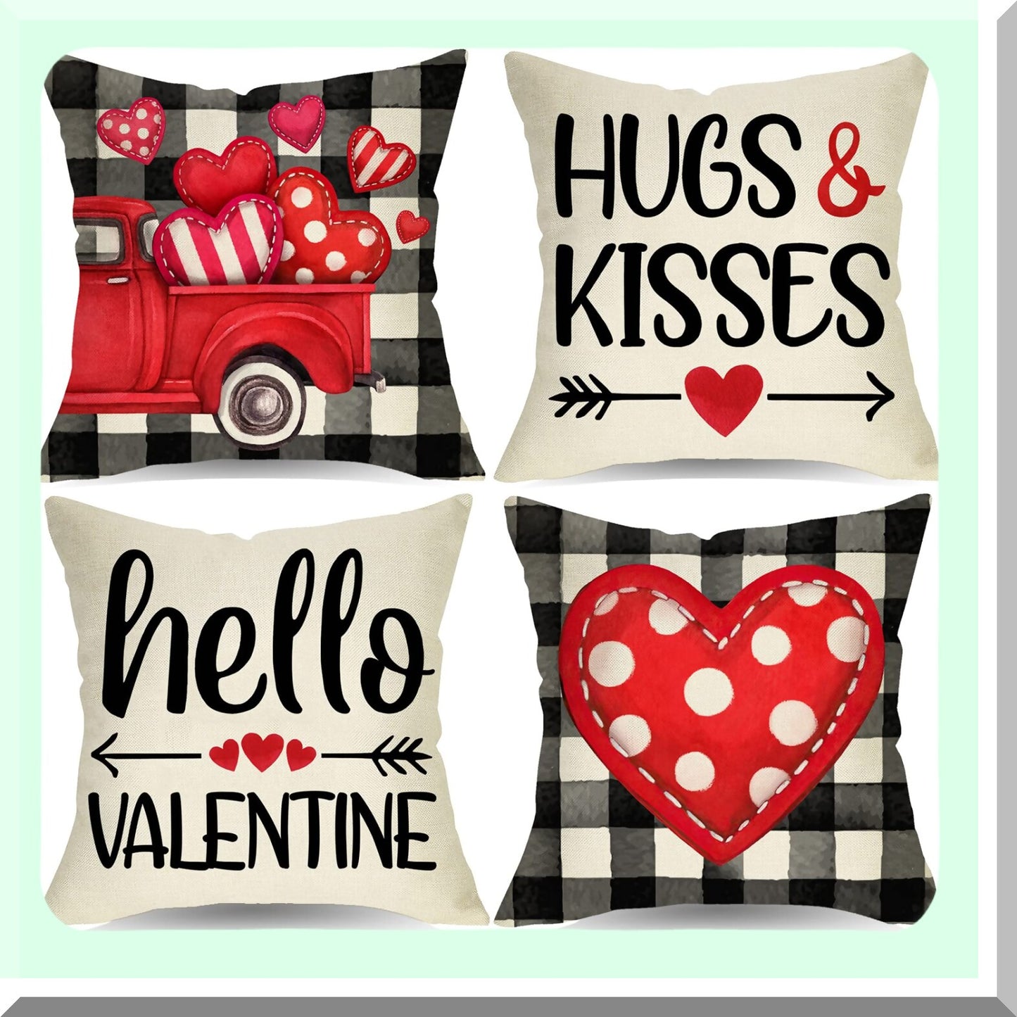 Holiday Love Decor Pillow Covers - Set of 4, Red Heart Arrow Buffalo Plaid Farmhouse Cushion Case, Polka Dots Heart Truck Sofa Couch Decoration - 18 x 18