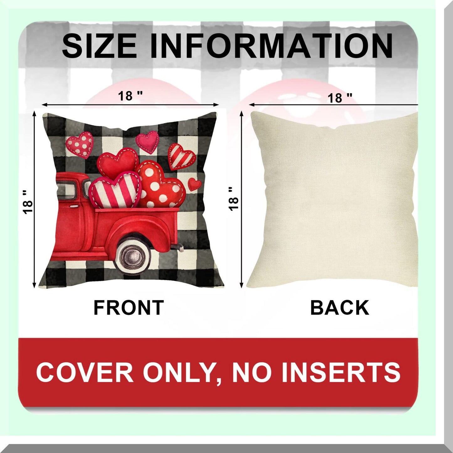 Holiday Love Decor Pillow Covers - Set of 4, Red Heart Arrow Buffalo Plaid Farmhouse Cushion Case, Polka Dots Heart Truck Sofa Couch Decoration - 18 x 18